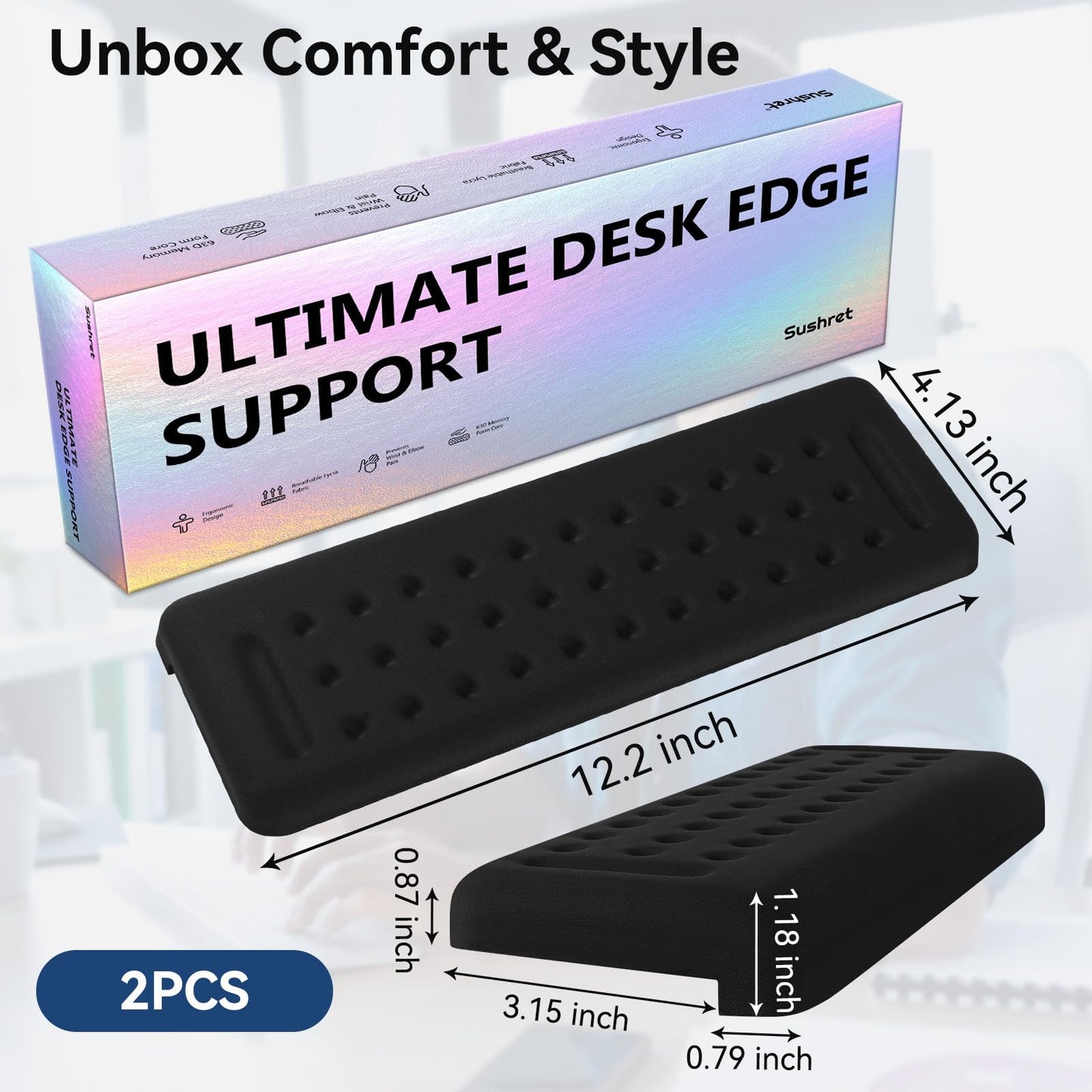 Sushret L-Shaped Desk Elbow Pad for Desk, 2-Pack Memory Foam Elbow Rest for Desk Edge Cushion, Non-Slip Ergonomic Arm Rest for Wrist, Palm & Forearm Support, Office Home, Separate Design, Black