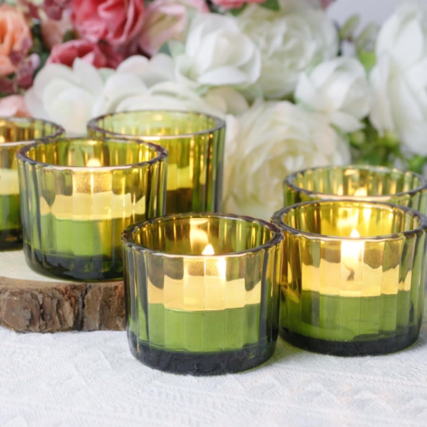 Filltown Green Tea Light Candle Holders Set of 12, 5cm x 3.5cm Glass Tea Light Holders for Table Centerpiece, Mini Votive Candle Holders for Weddings, Birthday Parties, Home Decor, Table Decor