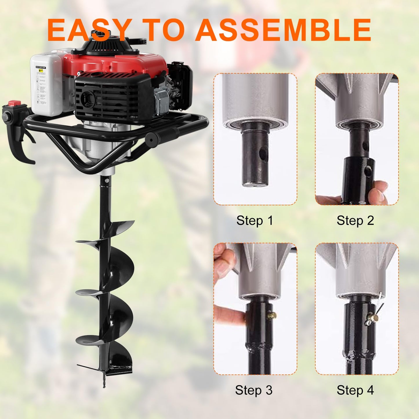 78CC Auger Post Hole Digger, 4 Stroke Gas Powered Earth Post Hole Digger with 2 Auger Drill Bits(6" & 8") + Extension Rods for Farm Garden Plant, Orange (78CC)