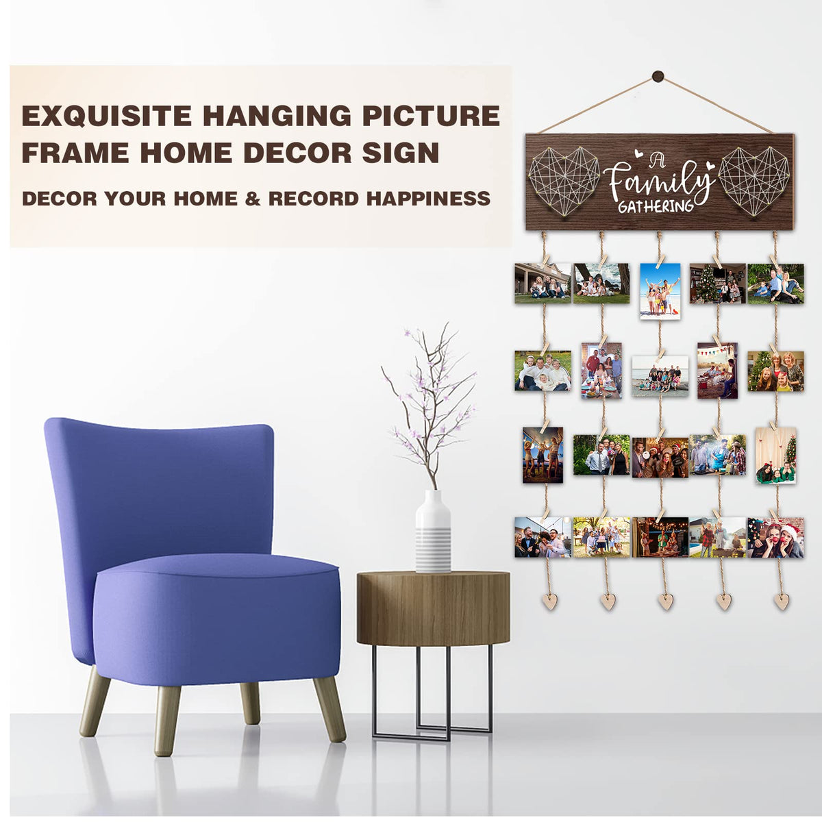 Picture Frames Collage Wall Decor, Rustic Wooden Hanging Photo Display with Clips - Holds 20 4x6 Pictures - Photo Holder for Home Decor, Gift Ideas, Family Memories, Christmas Card Holder