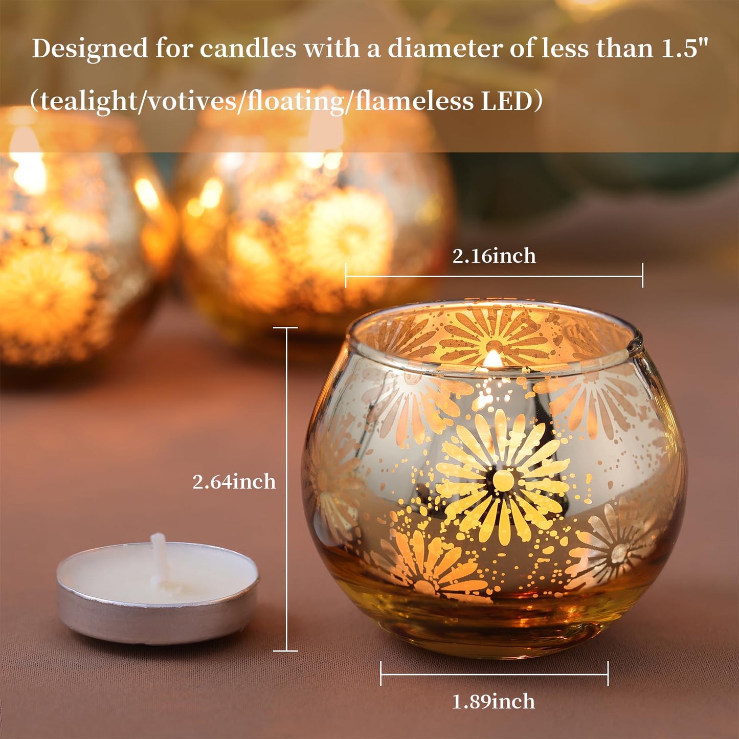sunnyfuture Gold Mercury Glass Votive Candle Holders Set of 12, Round Tealight Candle Holders Bulk for Table Centerpieces, Weddings, Shower Gifts, Christmas, Halloween Party Decorations
