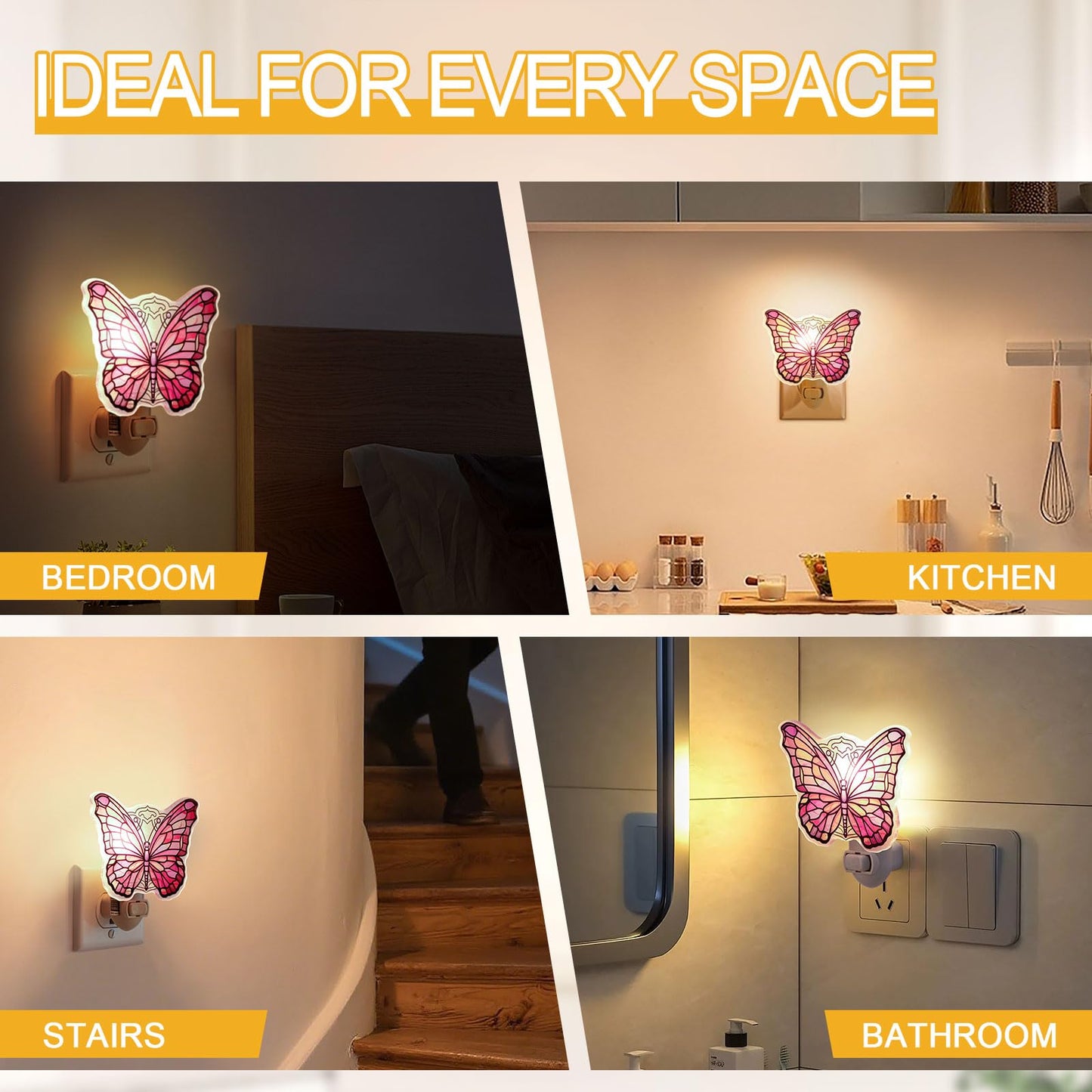 VOUWOWOX Pink Butterfly Night Light – Stained Glass Styled Plug-in Wall Light for Vertical Outlets – Real Glass, Warm Glow for Bedroom, Bathroom, Hallway – Gift for Butterfly Lovers