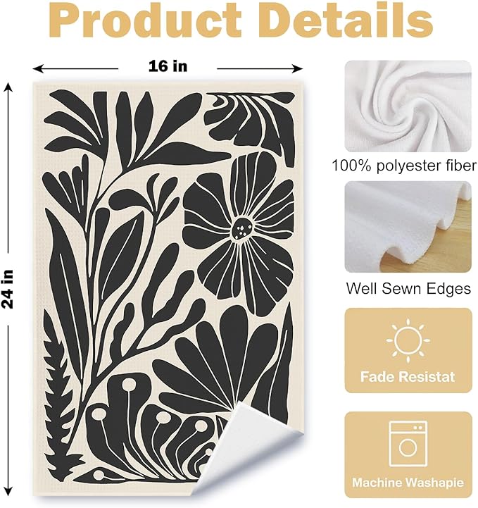 Abstract Boho Neutral Floral Kitchen Towels Set of 2, 70s Retro Groovy Beige