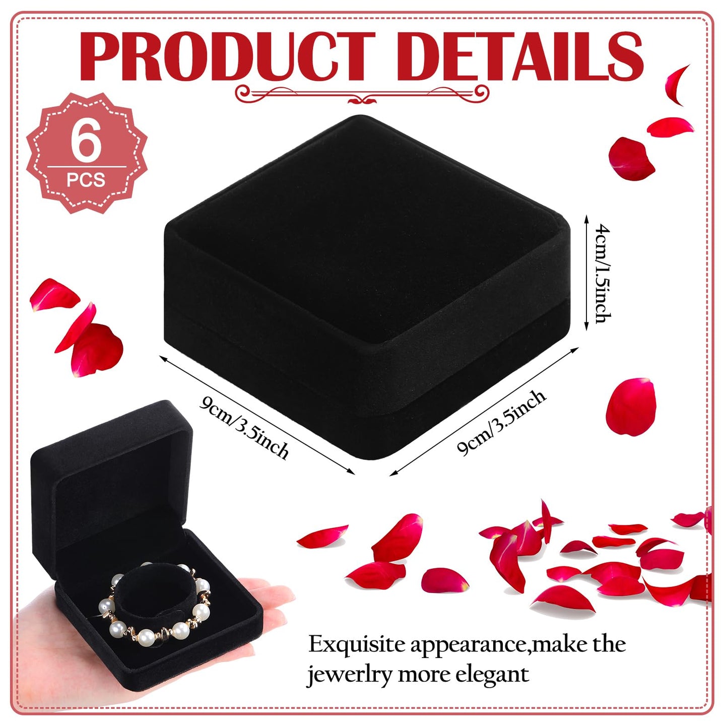 JaGely 6 Pcs Jewelry Gift Boxes for Bracelets Black Velvet Bracelet Bangle Boxes 3.5x3.5x1.6 Inch Women Small Jewelry Storage Case Organizer for Birthday Wedding Proposal Anniversary, Black