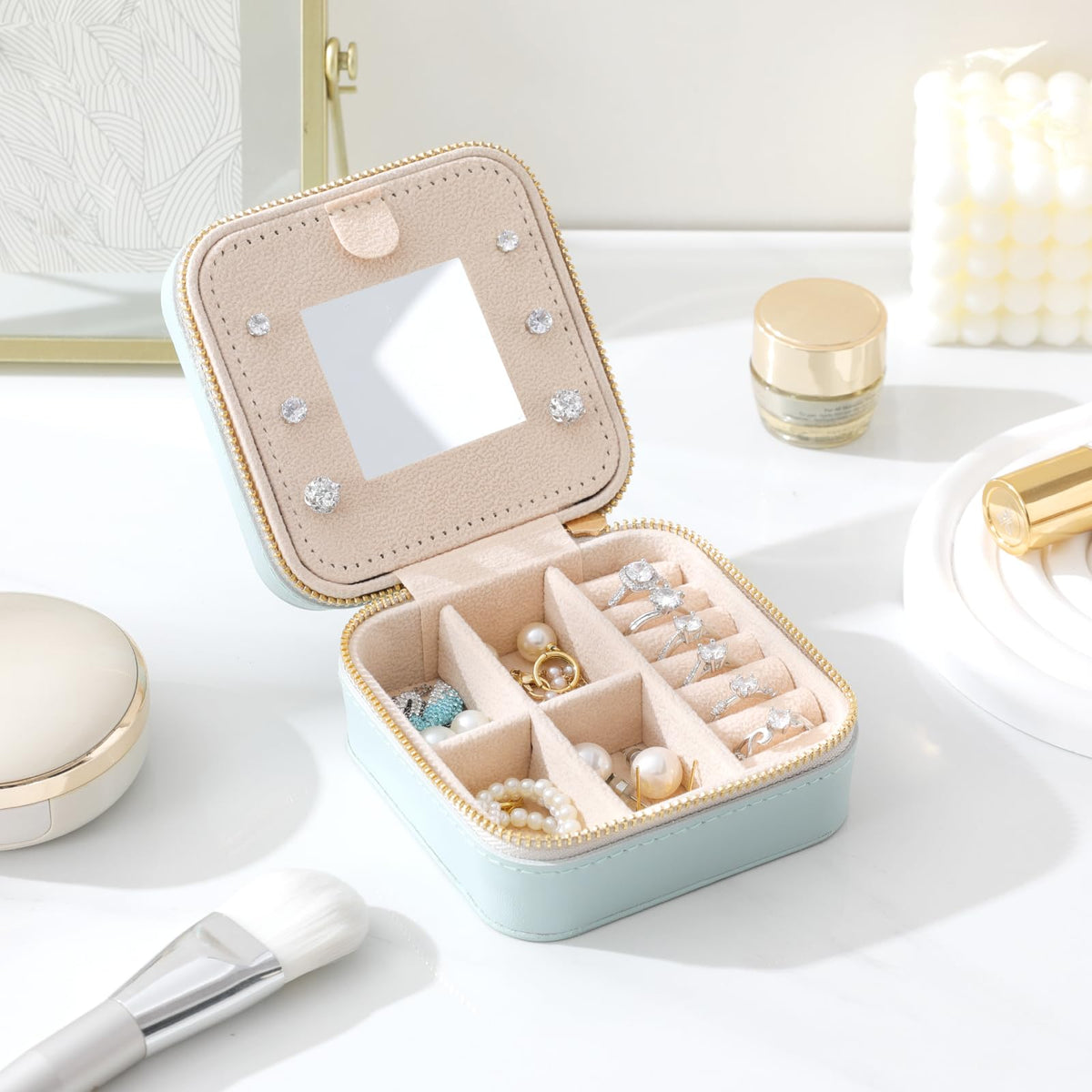 NGVRC Genuine Leather Travel Jewelry Case Organizer with Mirror for Women, Small Jewelry Box Portable Mini Jewelry Case for Earring, Ring, Necklace, Bracelet(Cyan)