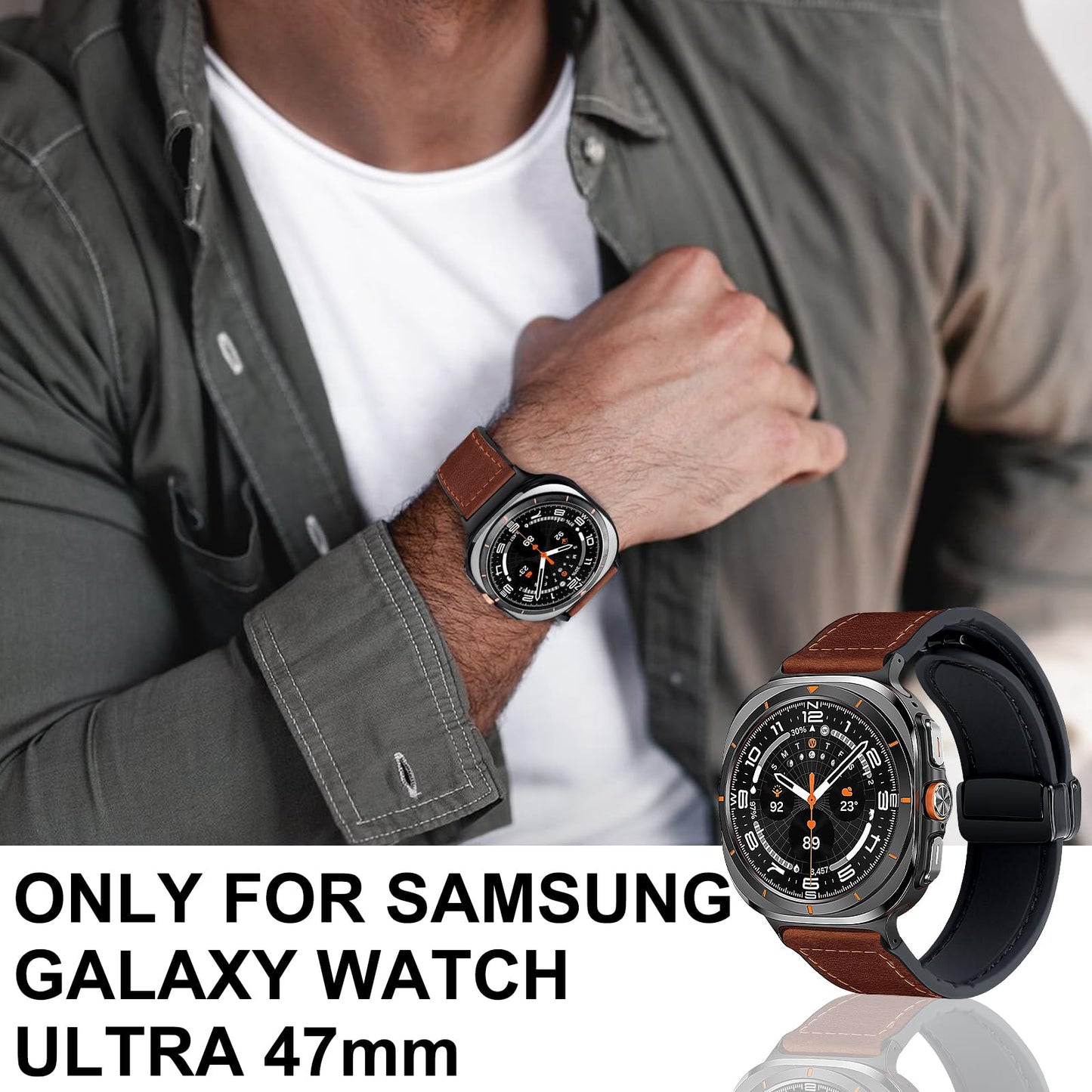 WestEagle Magnetic Leather Watch Band Compatible with Samsung Galaxy Watch Ultra 47mm (2024) Magnetic Buckle Design Adjustable Classic Wristbands Accessories Replacement Straps for Men and Women, A1