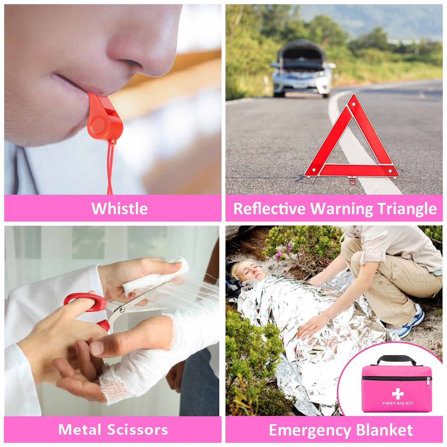 HLWDFLZ Car Roadside Safety Kit - 129pcs Pink Winter Emergency Road Side Assistance Kits Auto Essential Kit for Men, Women, Teen