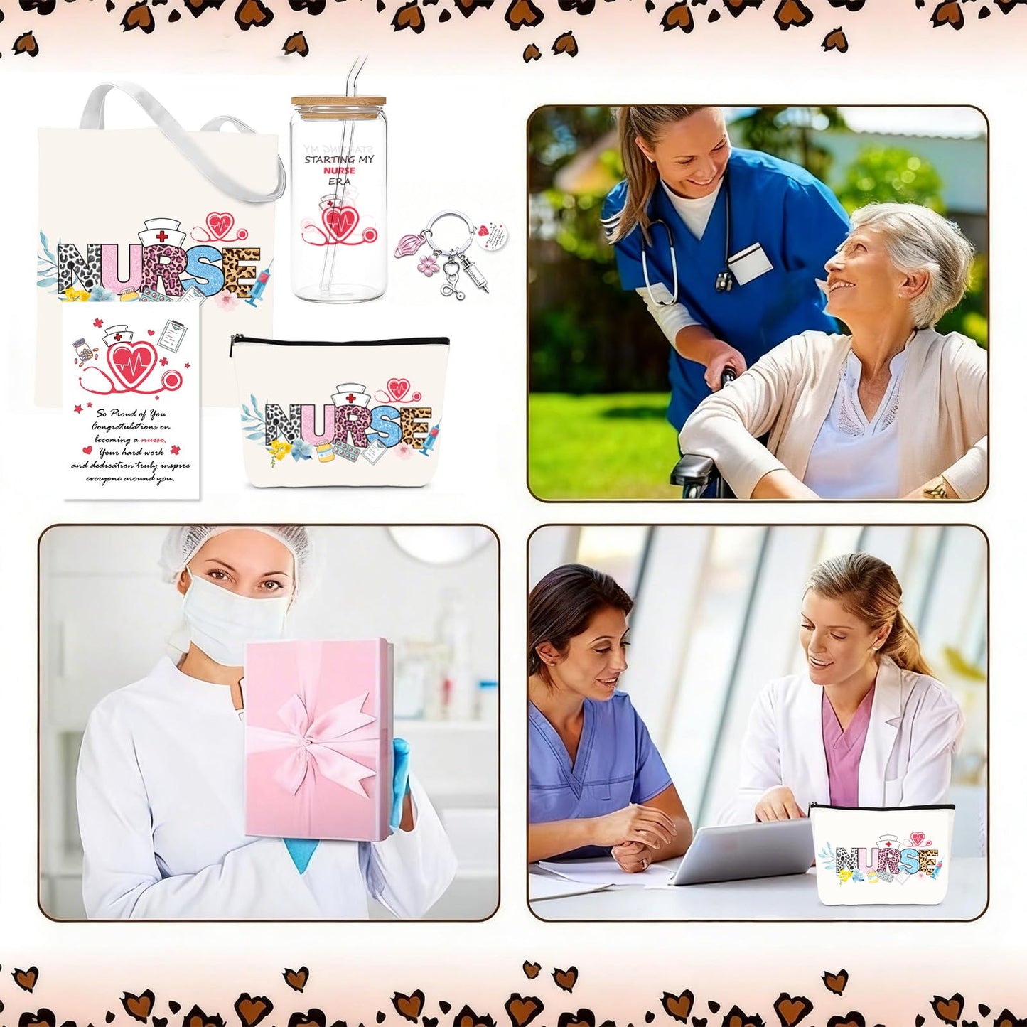 VeloKomo Nurse Gifts for Women - 5 Pcs Canvas Tote Bag Makeup Bag Glass Cup Keychain with Greeting Card Set Appreciation Graduation Retirement Nurses Week Gift for Nursing Student Daughter Coworkers