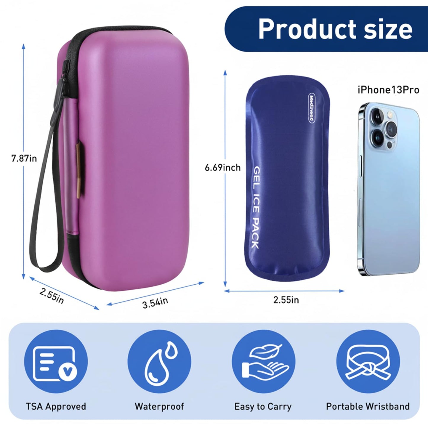 Insulin Cooler Travel Case, Portable EVA Medicine Travel Cooler, Diabetes Case with 2 Reusable Ice Packs TSA Approved for Diabetic Supplies Patent Pending(Purple-No Temp)