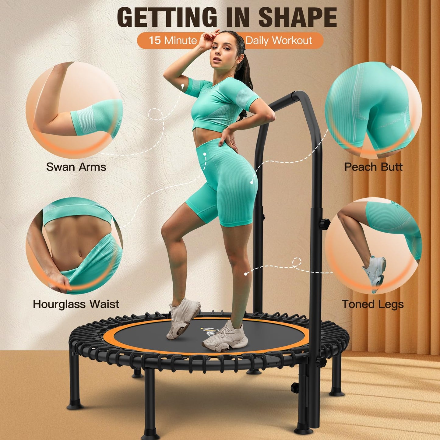 ANCHEER 48" Foldable Mini Trampolines - Max Load 350lbs - 450lbs Indoor Exercise Equipment - with 4 Level Adjustable Foam Handle and Resistance Bands - Adult Exercise Rebounder Trampolines for Home