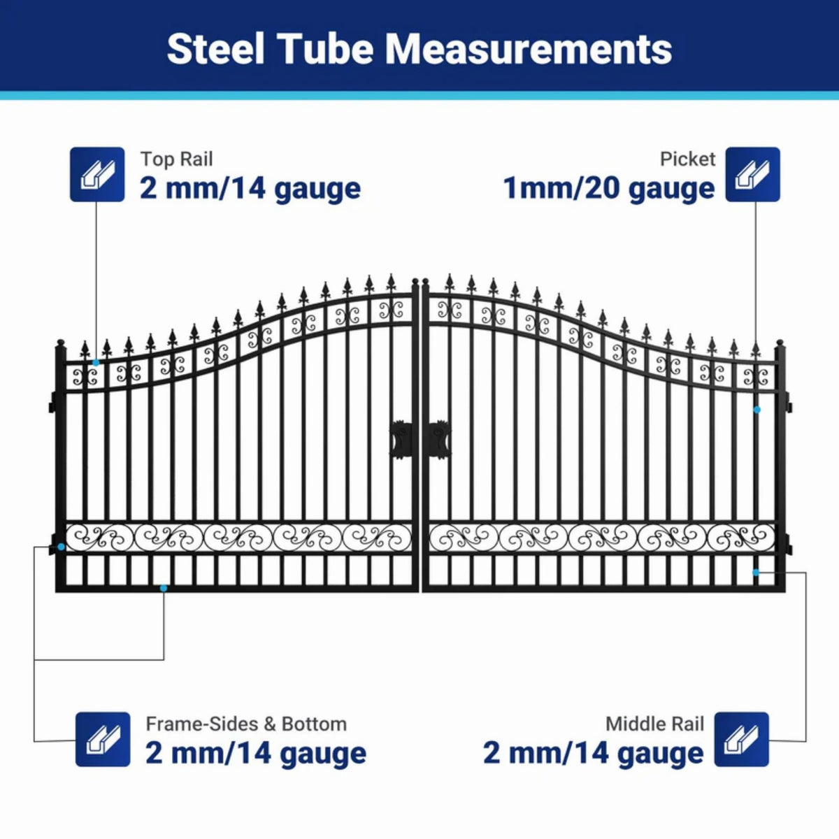 Chery Industrial Steel Dual Swing Driveway Gate, European Style,Secure Outdoor Patio Door with Welded Galvanized Steel Frame, Robust and Long-Lasting (20×8ft)