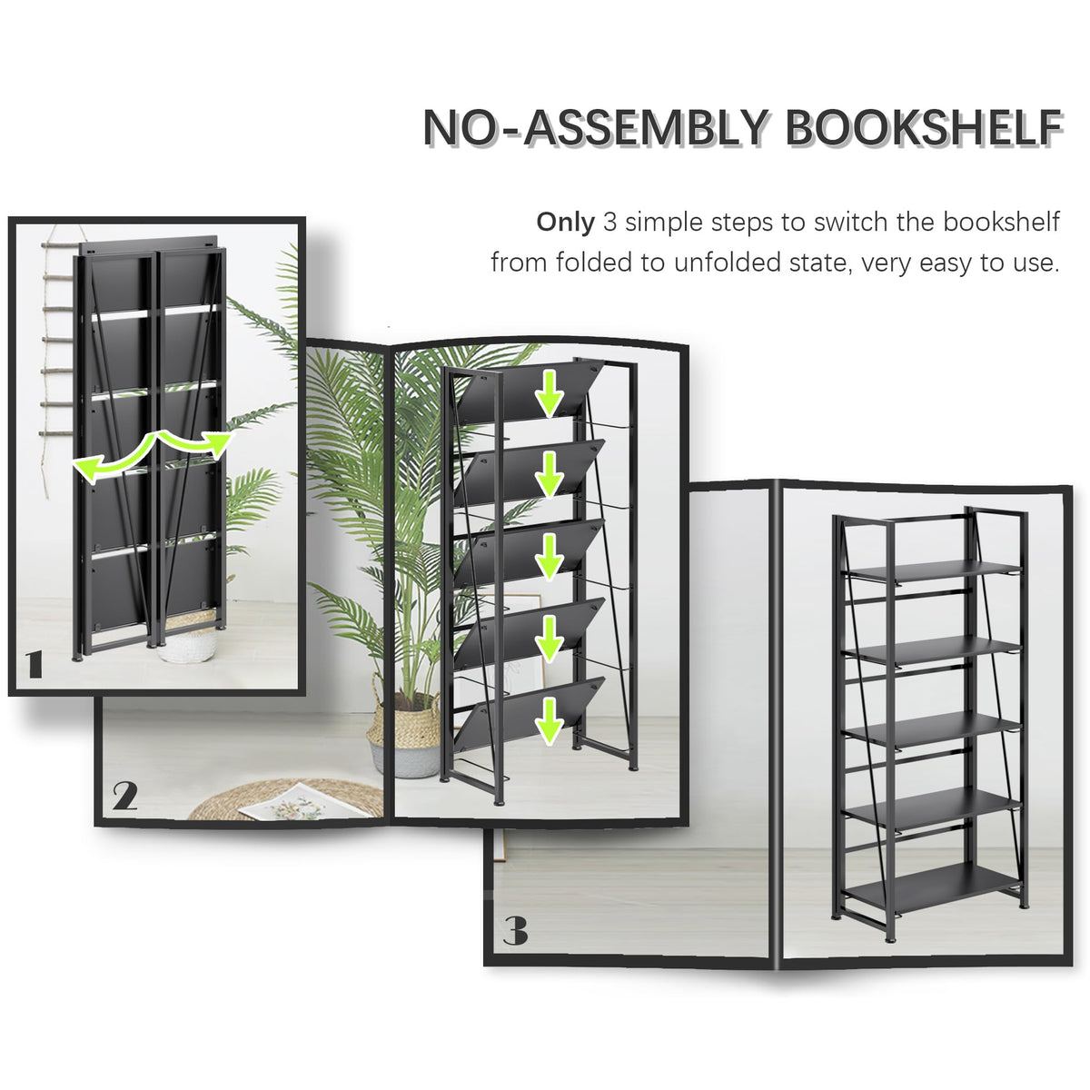 4NM No Assembly Folding Bookshelf, 5-Shelf 62.2" H Collapsible Foldable Bookcase Storage for Small Spaces, All Black