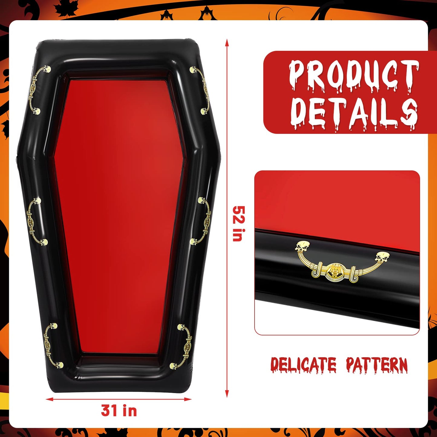 Aoriher 52 Inch Halloween Inflatable Coffin Cooler Fake Coffin Floatie Drink Ice Chest Buffet Bucket Beverage Cooler for Pool Picnic Halloween Party Decoration