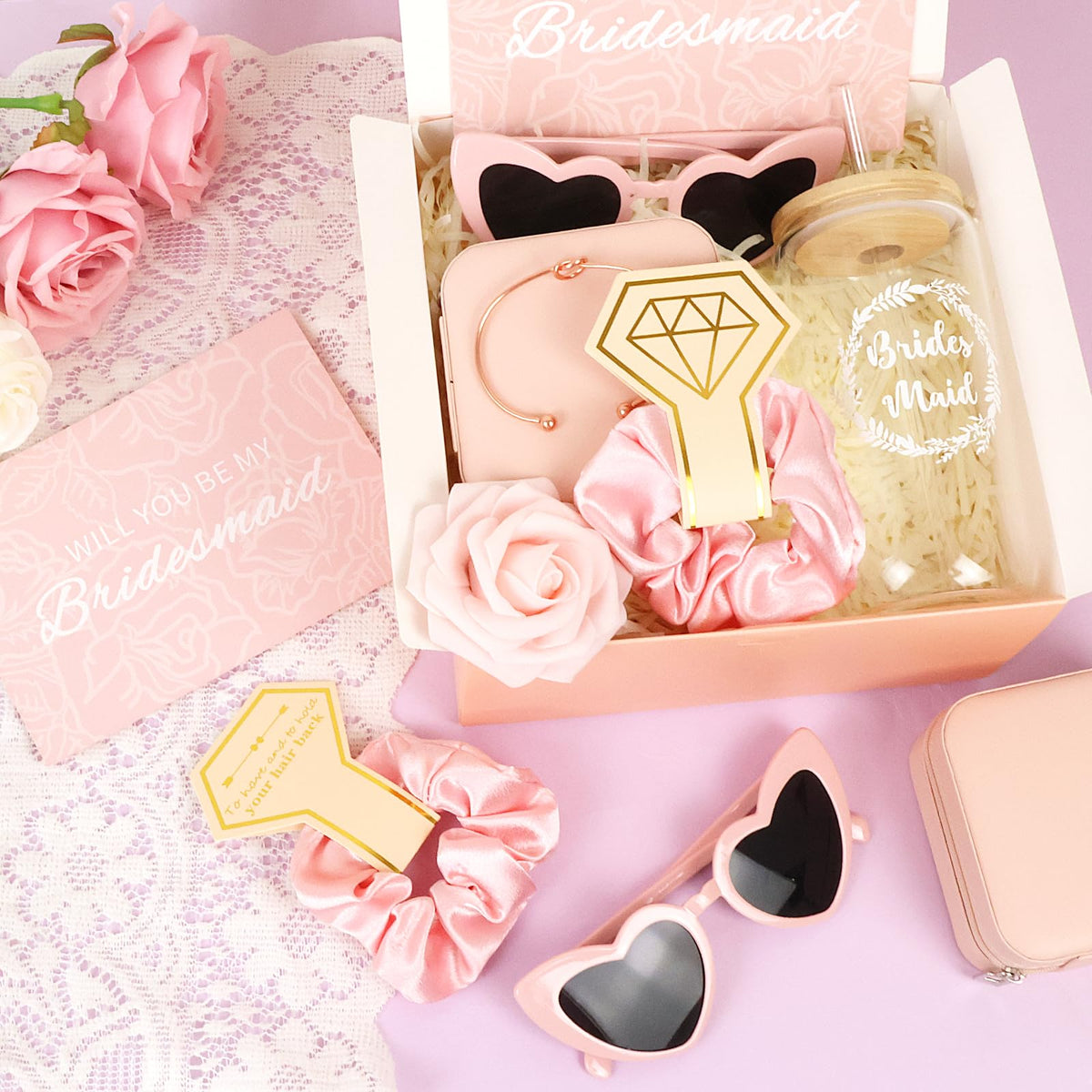 HOMENERGY Bridesmaid Proposal Gifts Set 6 - "Will You Be My Bridesmaid Kit with Elegant Box Jewelry Box Glass Cup Invited Cards Knotted Bracelets Sunglasses Scrunchies Raffia Grass Pink 54 Pcs