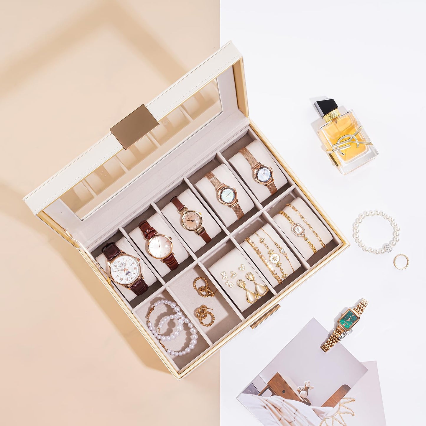ProCase Watch Case for Women, Valentine Gifts, 10 Slot Watch Display Case with Drawer, 2-Layer Womens Watch Box, 10 Watch Box Organizer, Jewelry and Watch Holder Storage Case with Glass Lid -Beige