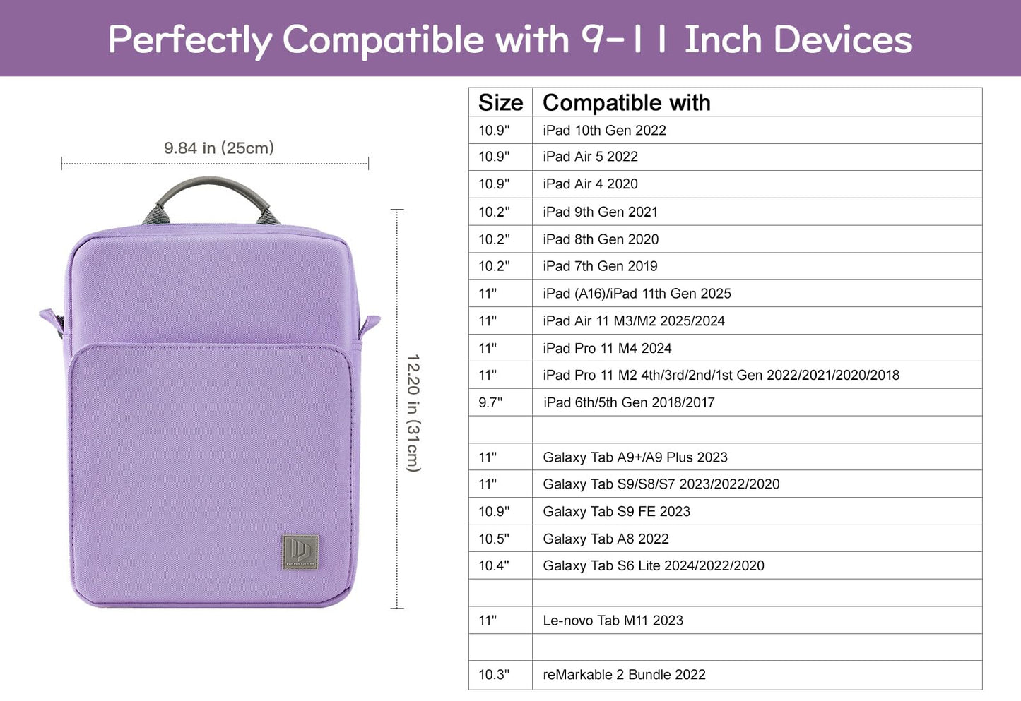 Dadanism 9-11 Inch Tablet Sleeve Bag Carrying Case with Shoulder Strap for iPad (A16) 11", iPad 10th Gen 10.9" Air 5/4, i-Pad Air/Pro 11", i-Pad 9/8/7th 10.2", Galaxy Tab A9+ Plus 11", Grey Purple