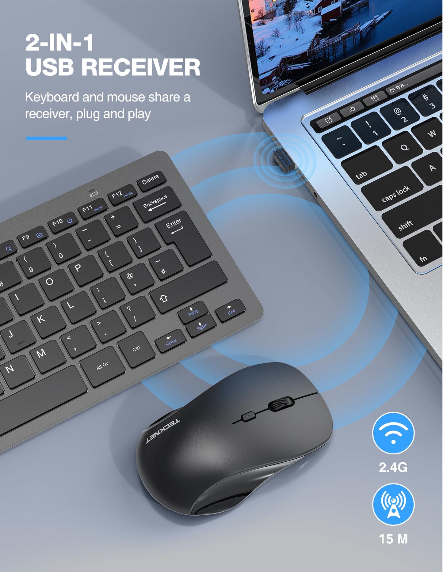 TECKNET Mini Wireless Keyboard and Mouse Set, 2.4G Cordless USB Keyboard and Silent Mouse Comb with Nano USB Receiver, 12 Multimedia Shortcuts for Computer, PC, Laptop, Desktop (Grey)