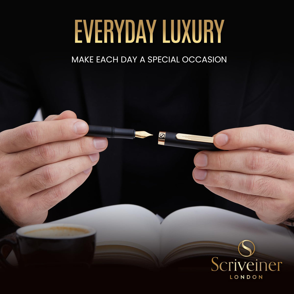 Scriveiner Luxury EDC Fountain Pen (Fine), Stunning Black Pocket Pen with Real Gold Finish, Schmidt Gilded Nib, Ink Converter, Best Writing Gift Set for Men & Women, Nice Fancy Office Designer Gift
