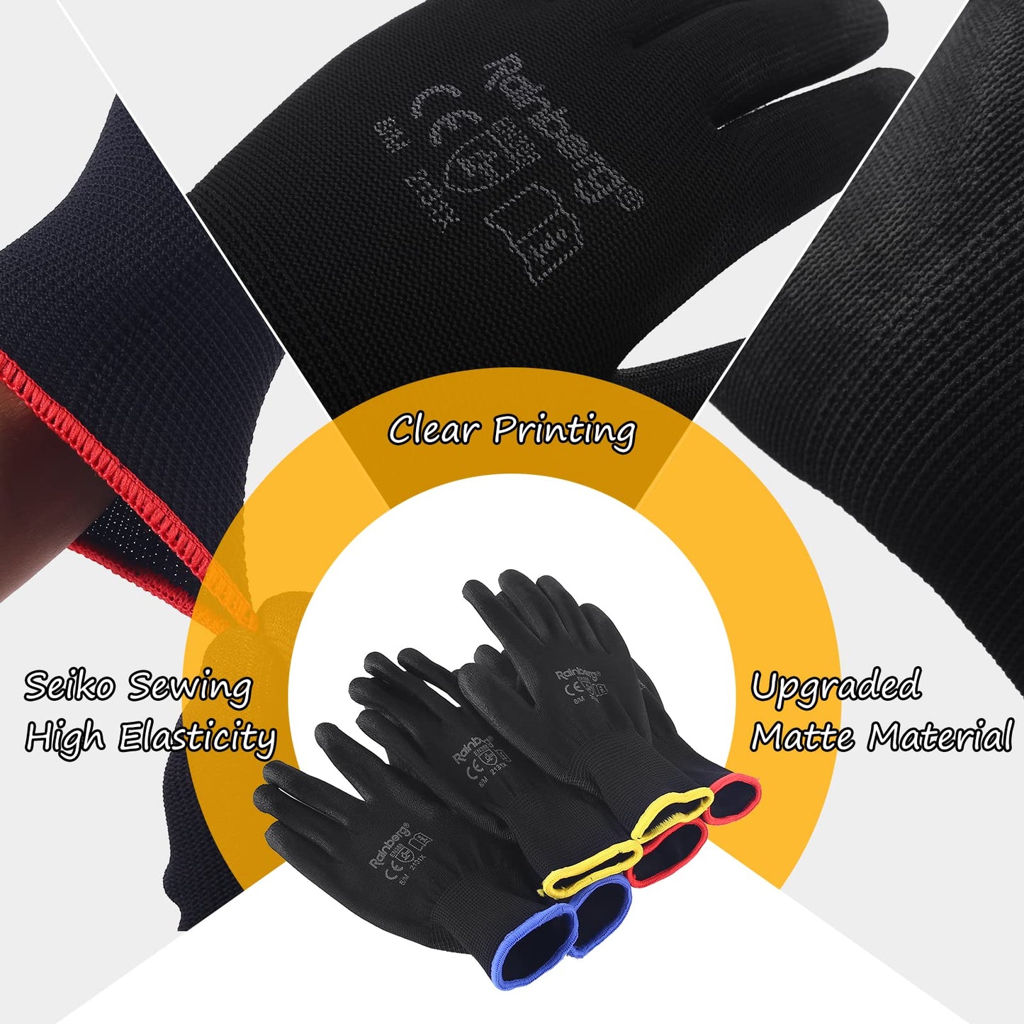 Rainberg Pack of 12 or 24 Safety Gloves, Work Gloves, with Secure Grip on Palm & Fingers, PU and Nylon Non-Slip Gloves, Ideal for General Duty Work, Gardening. (Pack of 24 Pair's, Large)