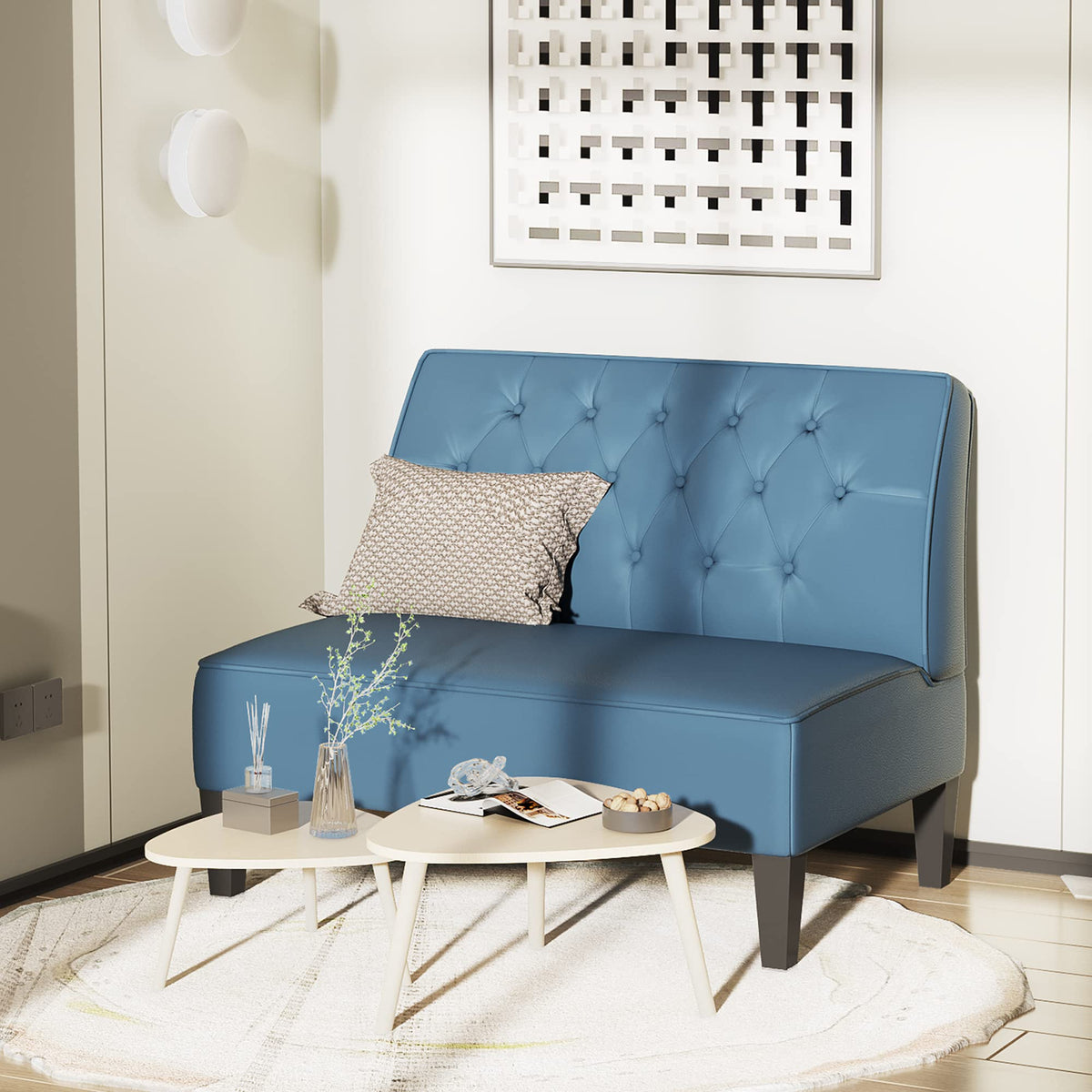 Alunaune Upholstered Blue Loveseat Bench Couch for Bedroom, Modern Cushioned Armless Settee Small Love Seat Sofa Faux Leather Living Room Couch