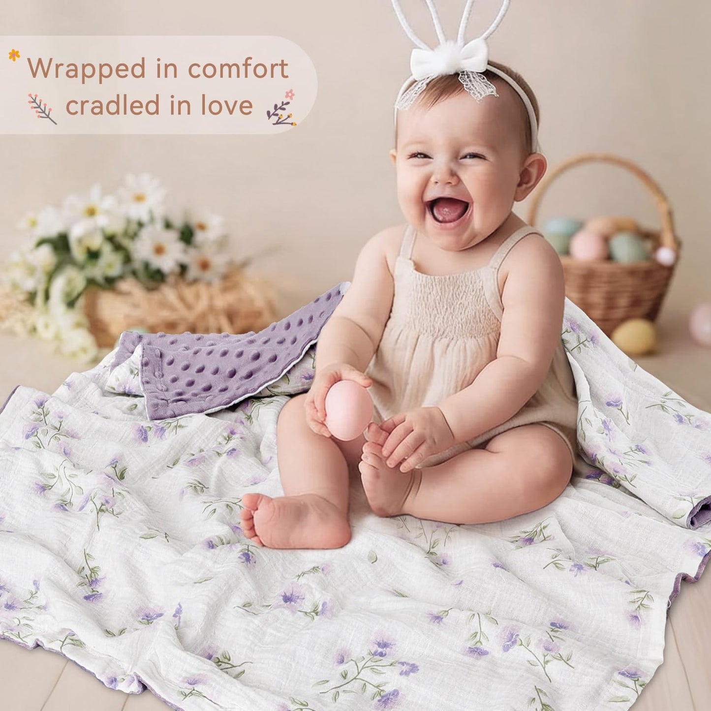 BOPRIO Baby Blankets for Unisex Boys Girls Super Soft Nursery Minky Blankets with Breathable Muslin Cotton Front and 3D Touch Dotted Fleece Backing, Floral Printed Bed Throws Newborn 30 x 40 Inch