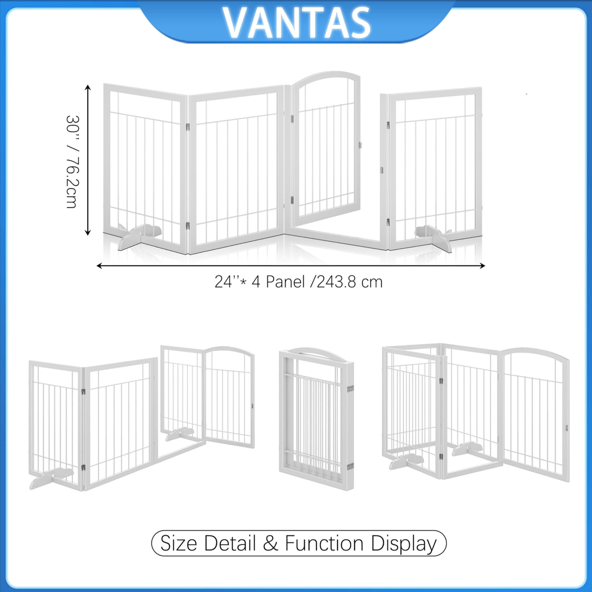 Vantas Folding Pet Gate 96" Wide, 30" Tall No-Assembly Metal Dog Gate with Door Walk Through, Freestanding Wire Pet Puppy Safety Fence, with 2PCS Support - White