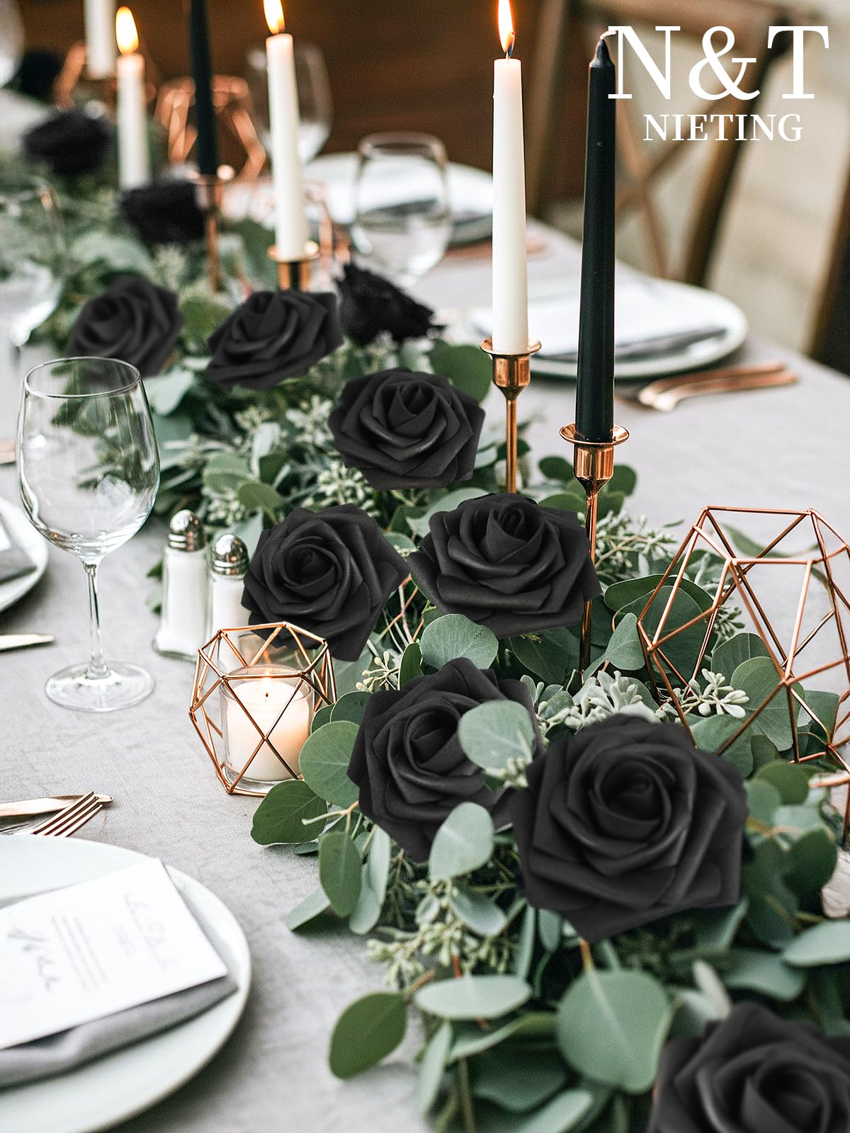 N&T NIETING Artificial Flowers Black Rose 25pcs Real Touch Flowers Perfect for for DIY Bouquets Wedding Party Baby Shower Home Halloween Decoration