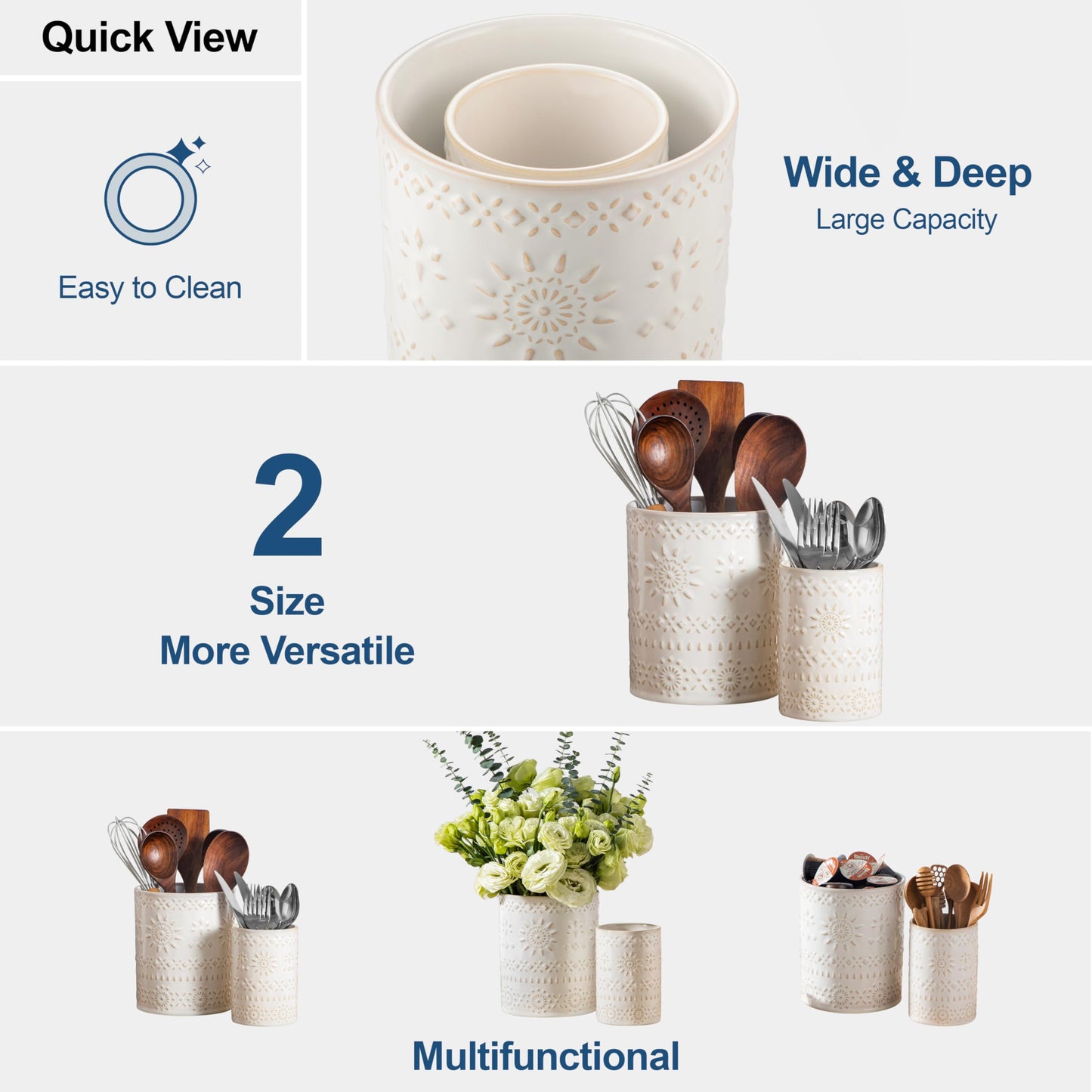 LOVECASA Utensil Holder, 7.2"+5.4" Ceramic Utensil Holder for Countertop, Large Cooking Utensil Crocks for Kitchen Counter, Farmhouse Utensil Vase for Housewarming, Kitchen Decor, Set of 2, Oasis