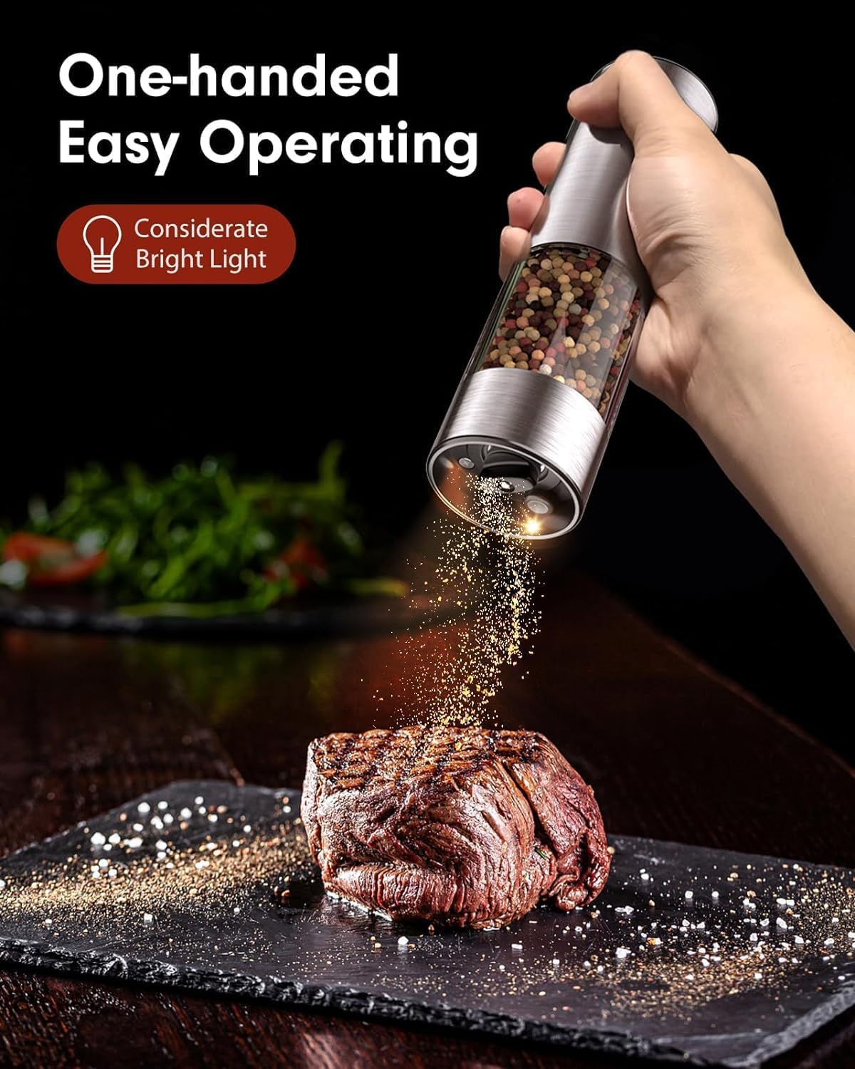 TOMEEM Electric Salt and Pepper Grinder Set, USB Rechargeable Salt and Pepper Grinder Set| Made of Stainless Steel | Adjustable Ceramic Grinder | LED Light