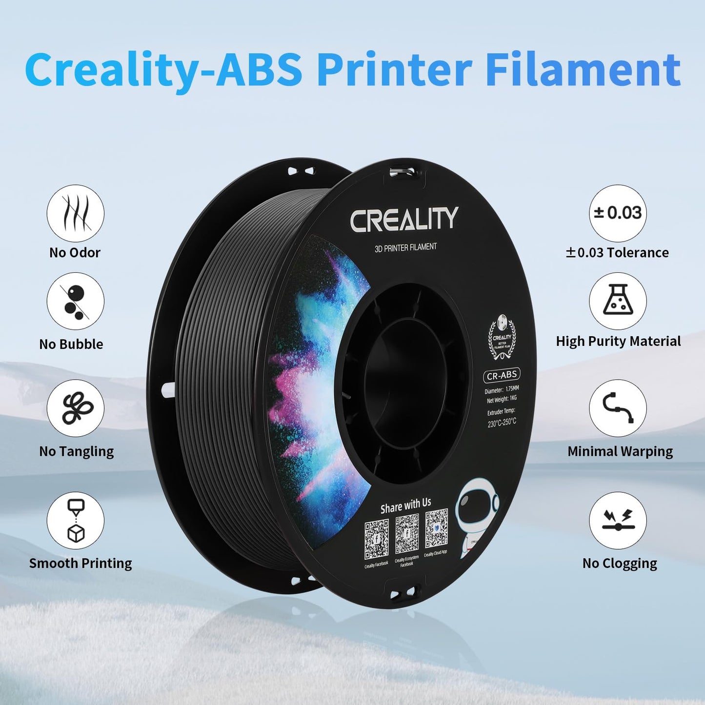 Creality ABS Filament 1.75 mm, Official 3D Printer Filament ABS No-Tangling, Strong Bonding and Overhang Performance Dimensional Accuracy +/-0.03mm, 1kg(2.2lbs)/Spool (Black)