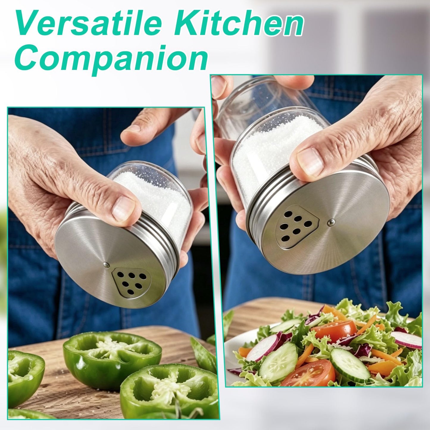 BENLIUDH Adjustable Mason Jar Spice Shaker Lids for Regular Mouth, 4 Pack Stainless Steel Seasoning Dispenser Lids with Shaker and Pour Options for Salt Sugar Seasoning Flour
