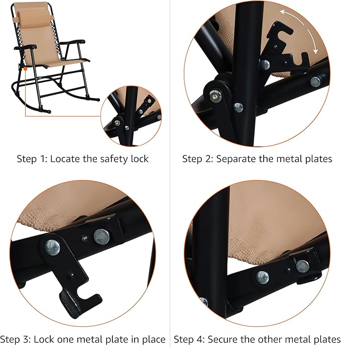 Amazon Basics Outdoor Portable Folding Rocking Chair with Headrest, Ergonomic Design, Weather-resistant Patio Reclining Lounge Chair for Porch, 33.6 x 37.4 x 26 inch, Beige