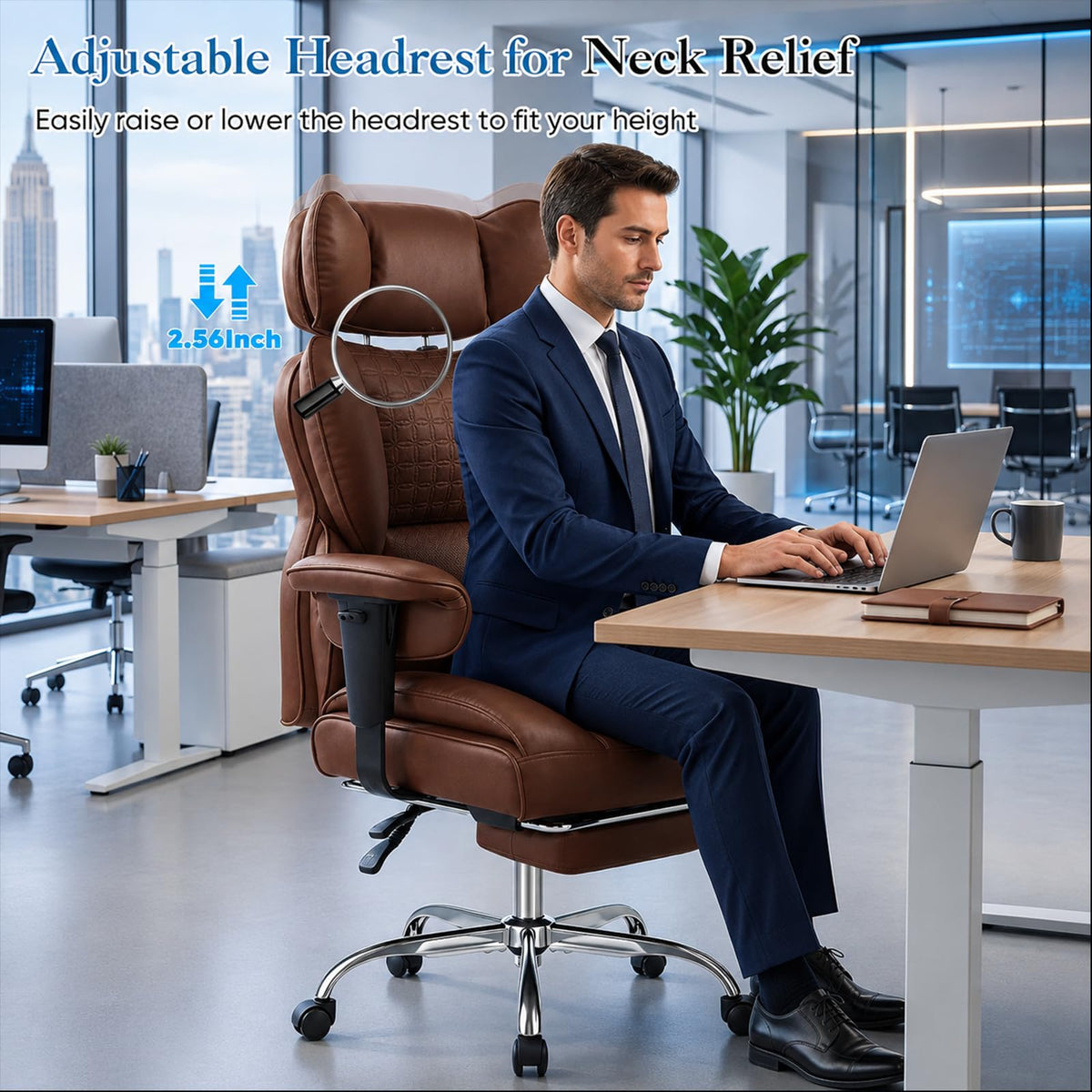 Big and Tall Office Chair 350 LBS, Scratch-Resistant PU Leather Executive Office Desk Chair with Footrest, Ergonomic Reclining Computer Chair with Pocket Spring Support for Home Office, Brown