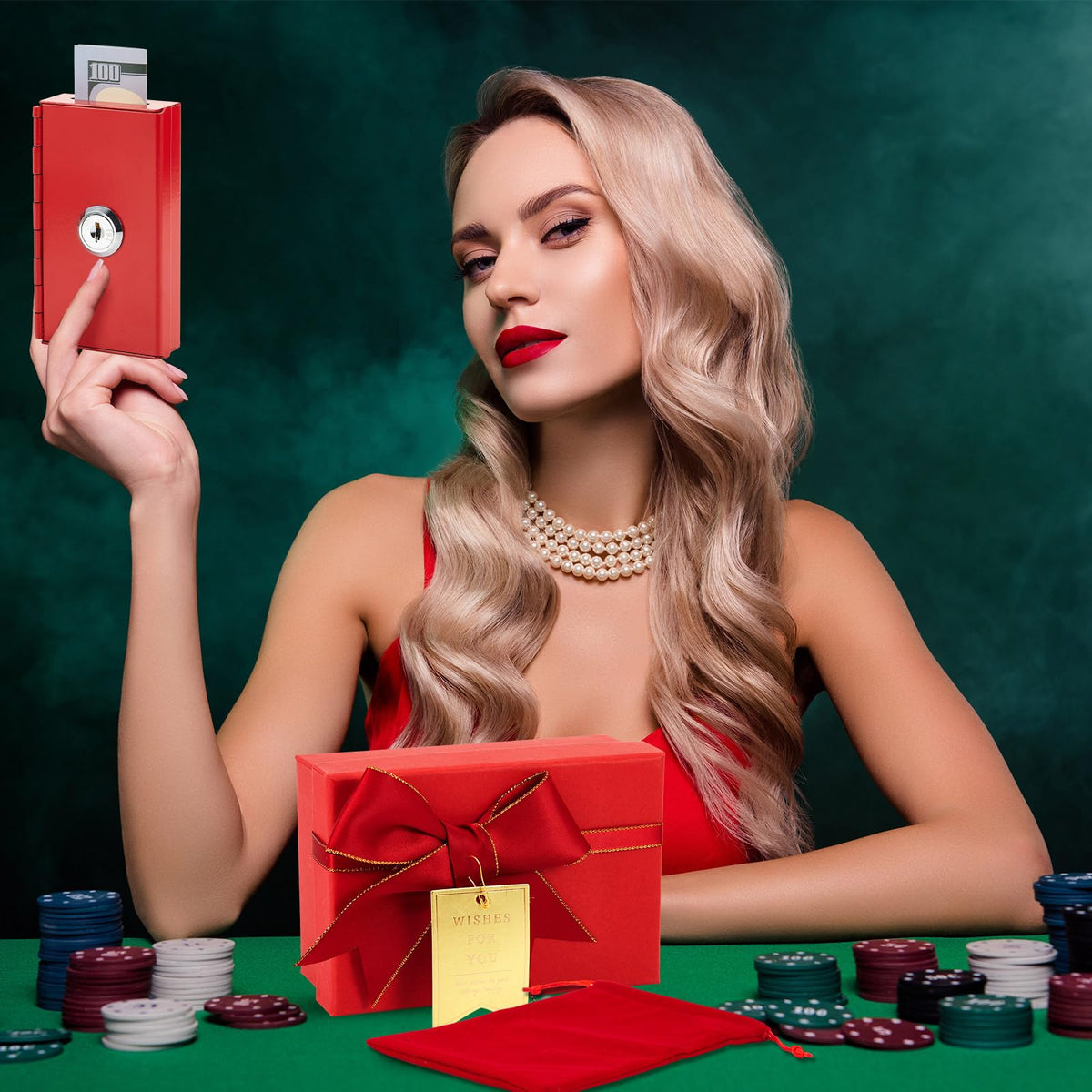CroBlissful 3 Pcs Metal Casino Cash Box for Gambler, Pocket Size Casino Cash Safe Red Small Portable Money Slot with 2 Keys and Storage Bag Gift Stops Addictive Urges