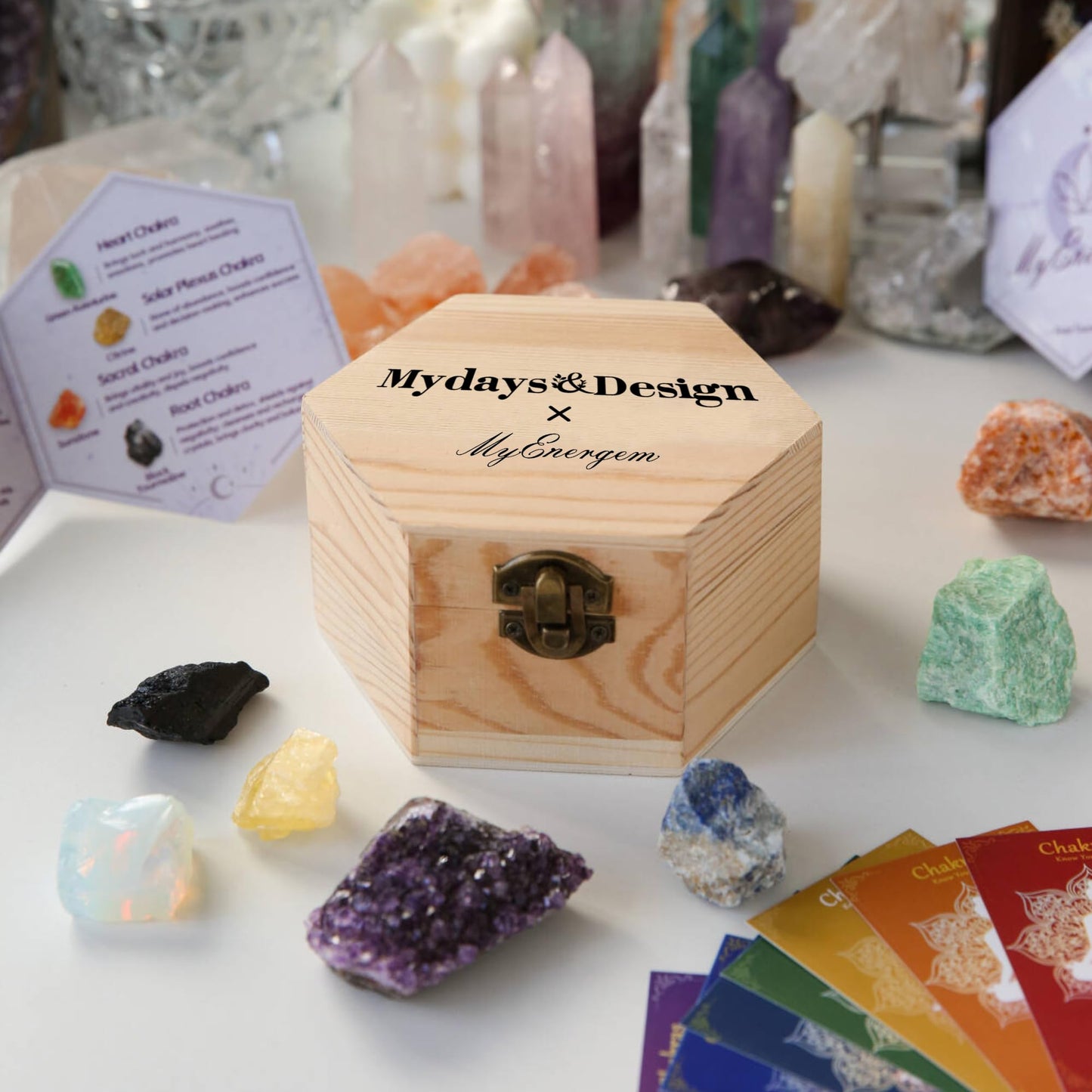 MYDAYS&DESIGN 7 Chakra Healing Crystals Set for Meditation Yoga Reiki, Amethyst Cluster, Lapis Lazuli, Opal, Green Aventurine, Citrine, Sunstone, Black Tourmaline with Wooden Gift Box and Guidebook