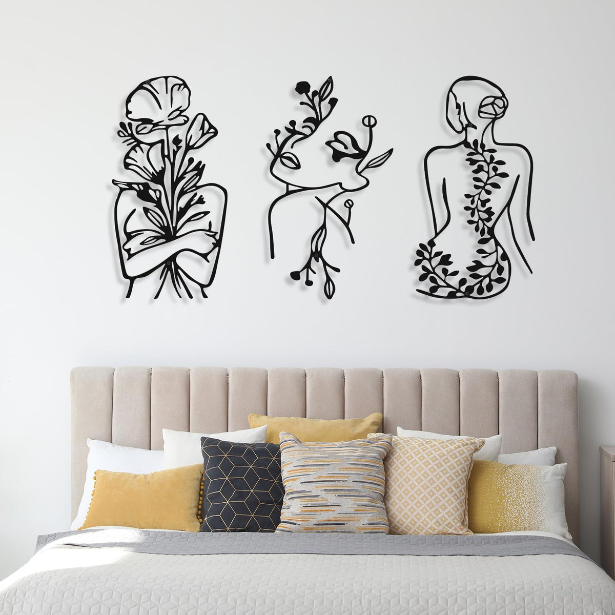 Photect 3 Pcs Metal Wall Art Decor Minimalist Abstract Woman Wall Art Metal Modern Line Drawing Decor Female Single Line Home Hanging for Bedroom Bathroom Living Room Housewarming(Plant,Black)