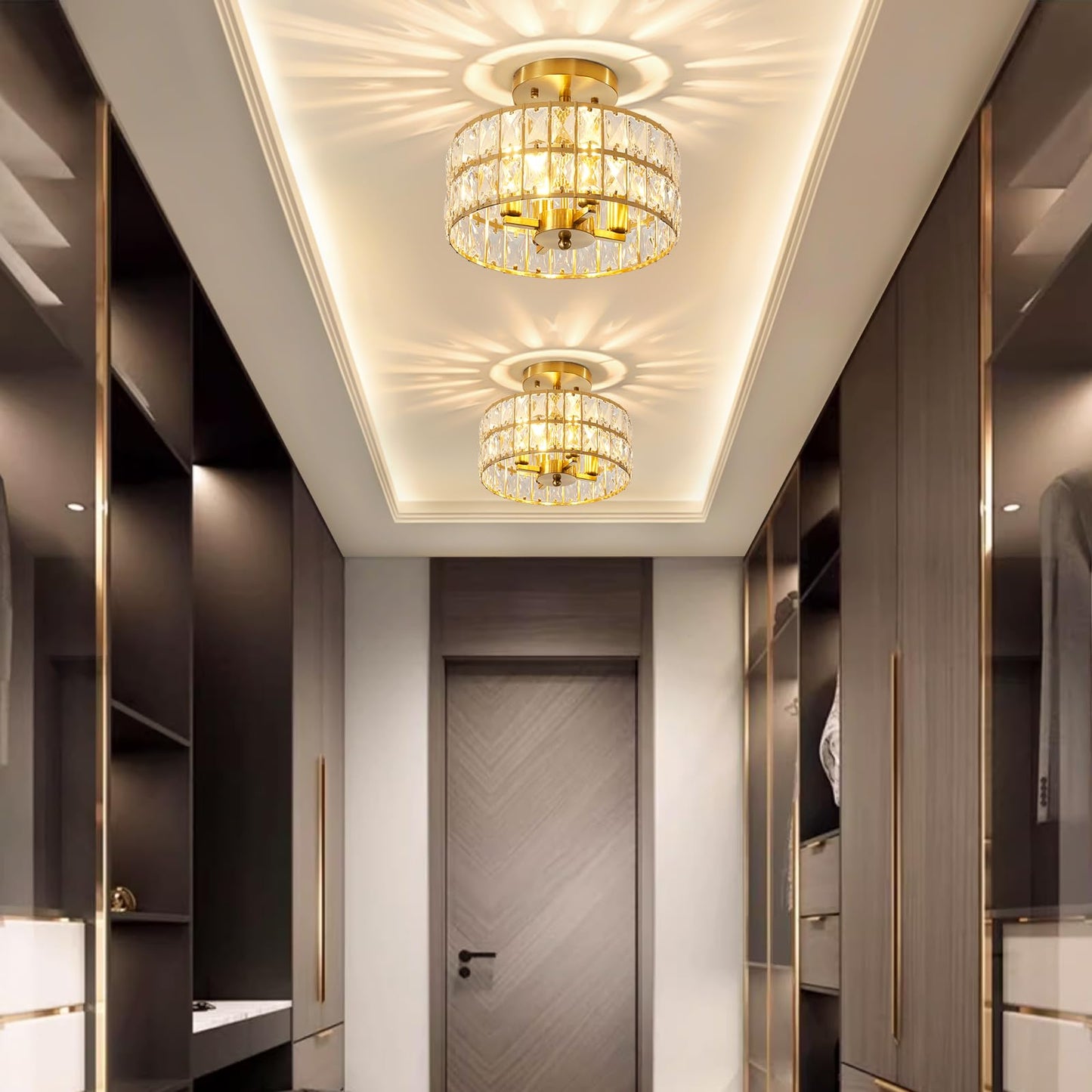 SeeU Modern Crystal Ceiling Light Fixture Brass Semi Flush Mount Ceiling Light Chandelier 4 Heads Crystal Chandelier