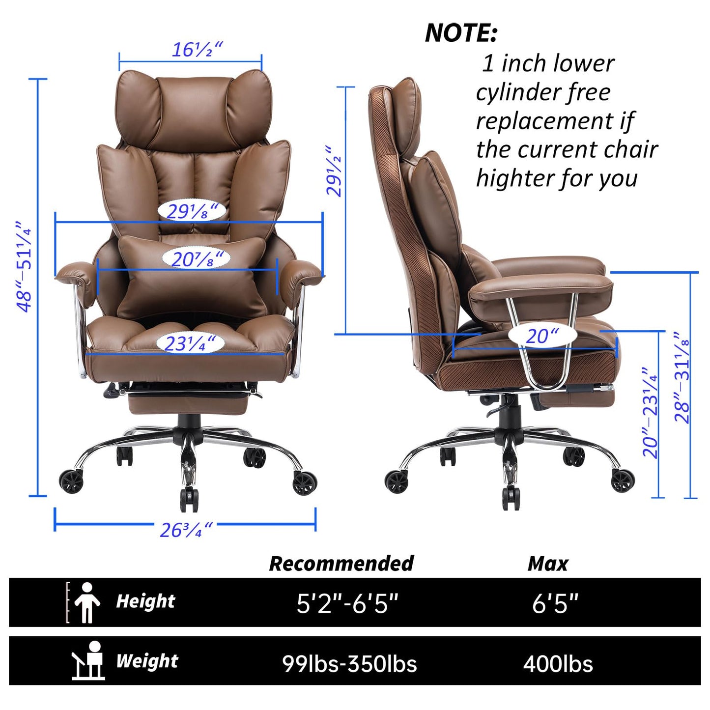 Efomao Big and Tall Office Chair 400lbs – High Back Executive Chair with Swivel Base, PU Leather Upholstery, Lumbar Pillow, Padded Armrests, and Rolling Wheels,Brown Computer Chair