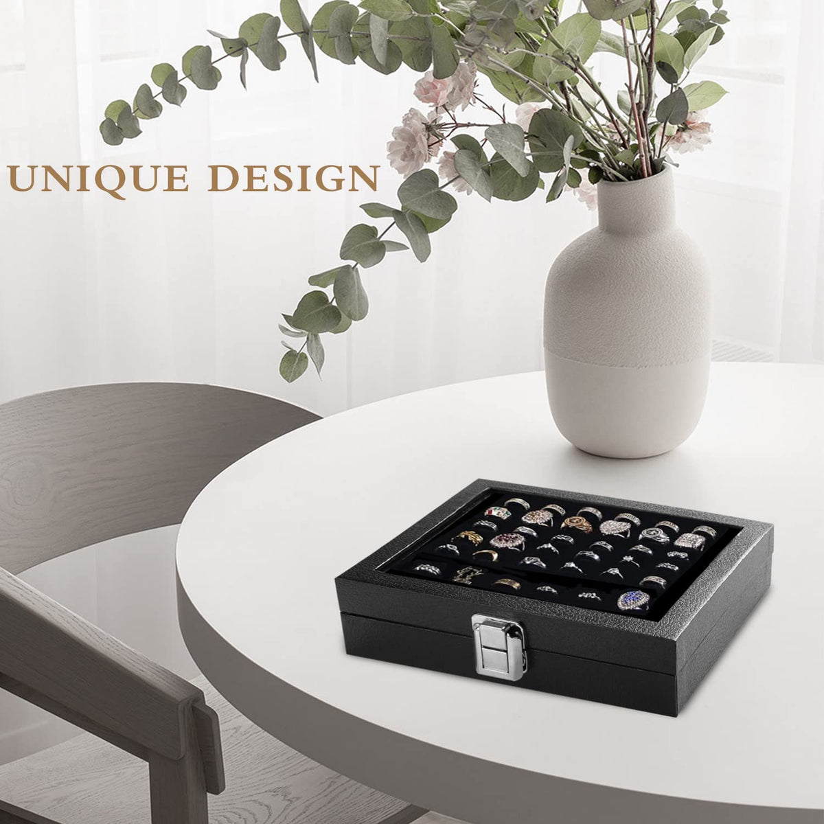 Ring Jewelry Organizer Box, 36 Slots Rings Display Storage Case Earring Showcase - Black Velvet Jewelry Stand Holder Tray with Transparent Glass Lid - Ideal Gift for Women Girl