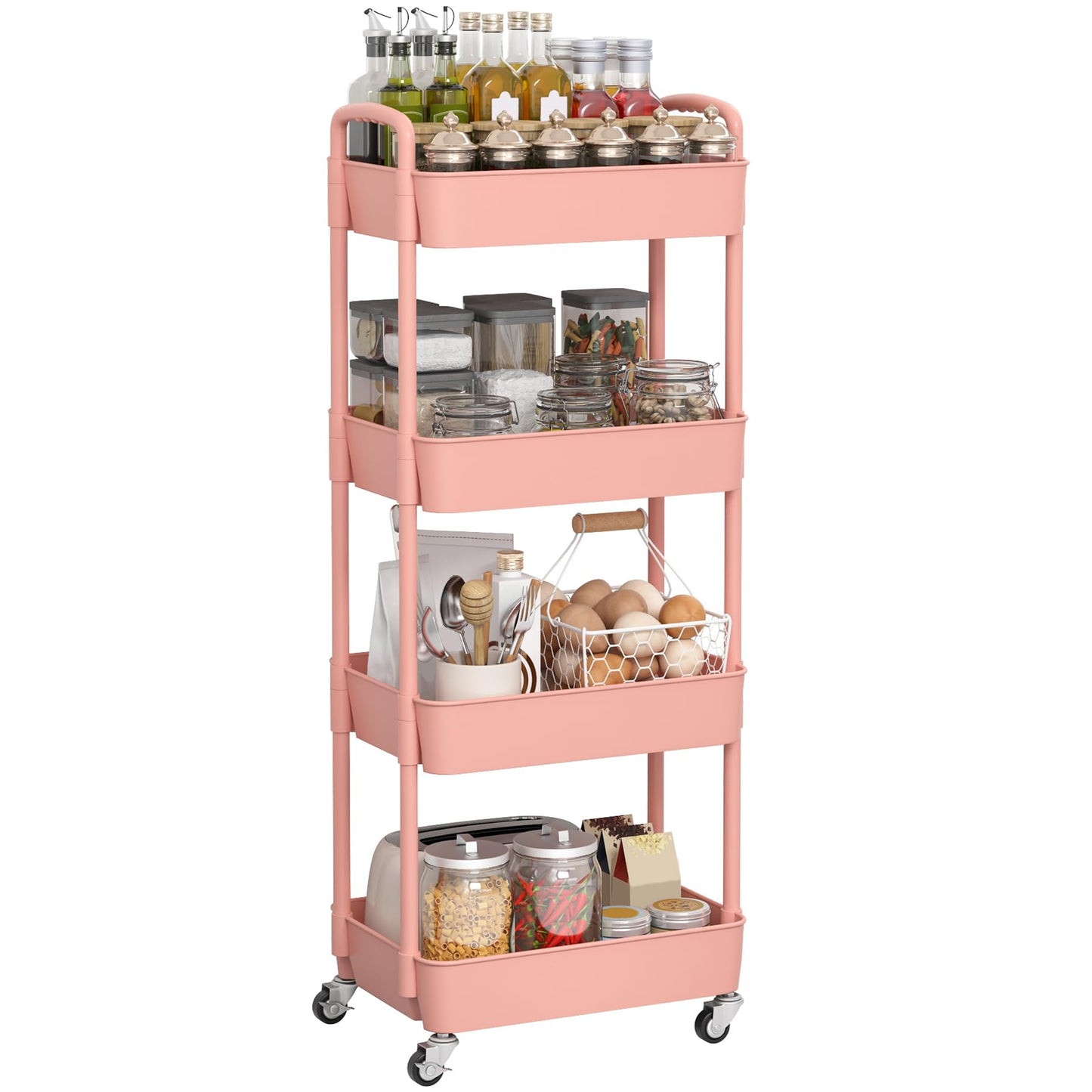 Sywhitta 4-Tier Plastic Rolling Utility Cart with Handle, Multi-Functional Storage Trolley for Office, Living Room, Kitchen, Movable Storage Organizer with Wheels, Pink