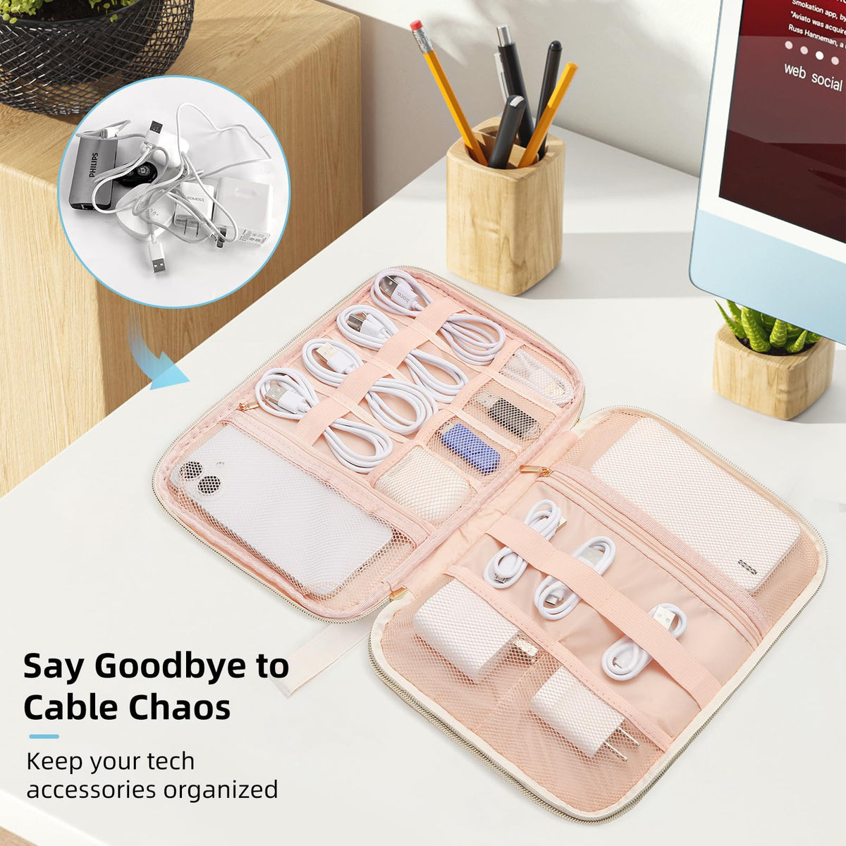 ZFZGFRCS Electronics Organizer Travel Case, Charger Bag Cord Organizer Travel, All-in-One Cable Organizer Bag for Charger, Cords, Phone, Headphones, Flash Drive, SD Card (Beige, Large-Double Layer)
