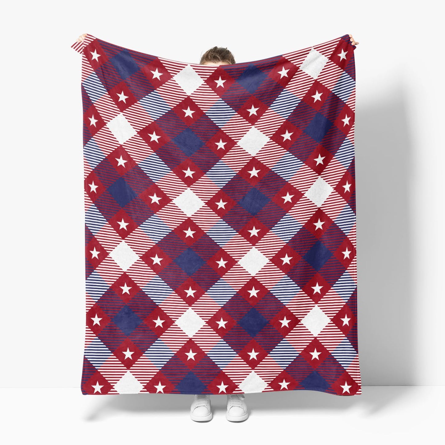Horaldaily 4th of July Flannel Blanket Throw, Red Buffalo Plaid Stars Independence Day Memorial Day Soft Fuzzy Plush Cozy Fleece Blankets for Couch Sofa Bed Decor, Ideal Gifts for Kids Adults 50x60