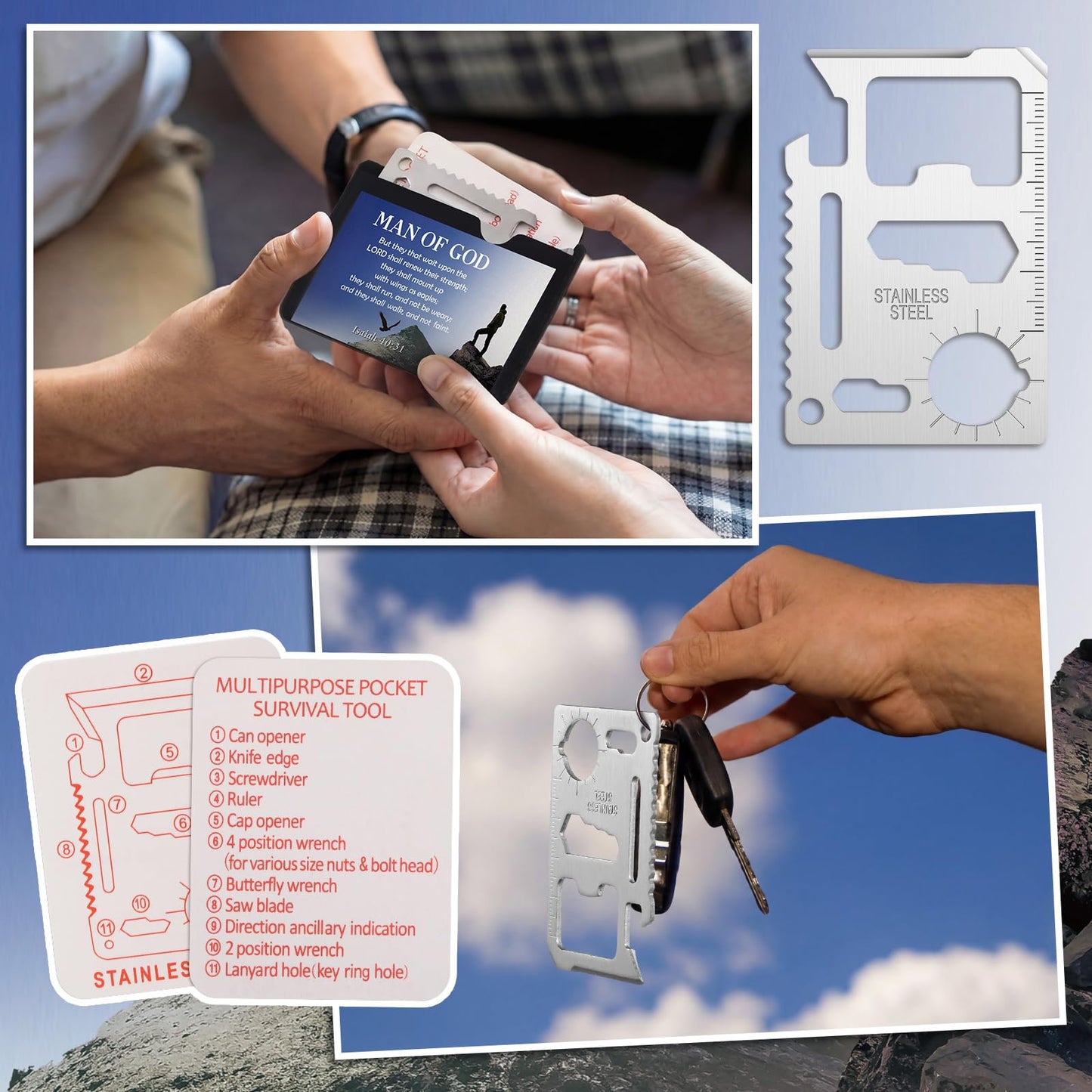 PullCrease 10 Pcs Man of God 11 in 1 Stainless Steel Credit Card Multitool Father's Day Gifts Survival Wallet Tool Bible Verse Ephesians 6: 10-11 Pocket Tool Set for Men Church Prizes Party Favor