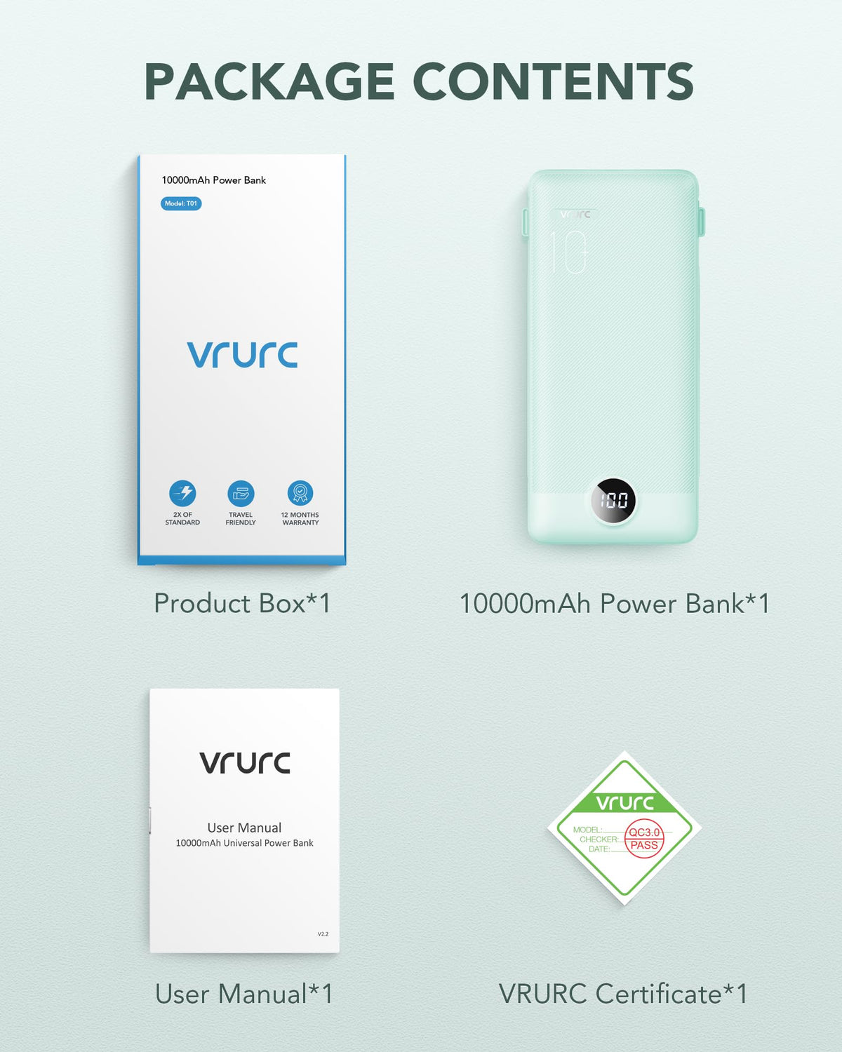 VRURC Portable Charger Built-in Cables and AC Wall Plug, USB C Power Bank 10000mAh, Travel Battery Portable Phone Charger Compact Lightweight External Battery Pack for Smart Phones, Tablets etc-Green