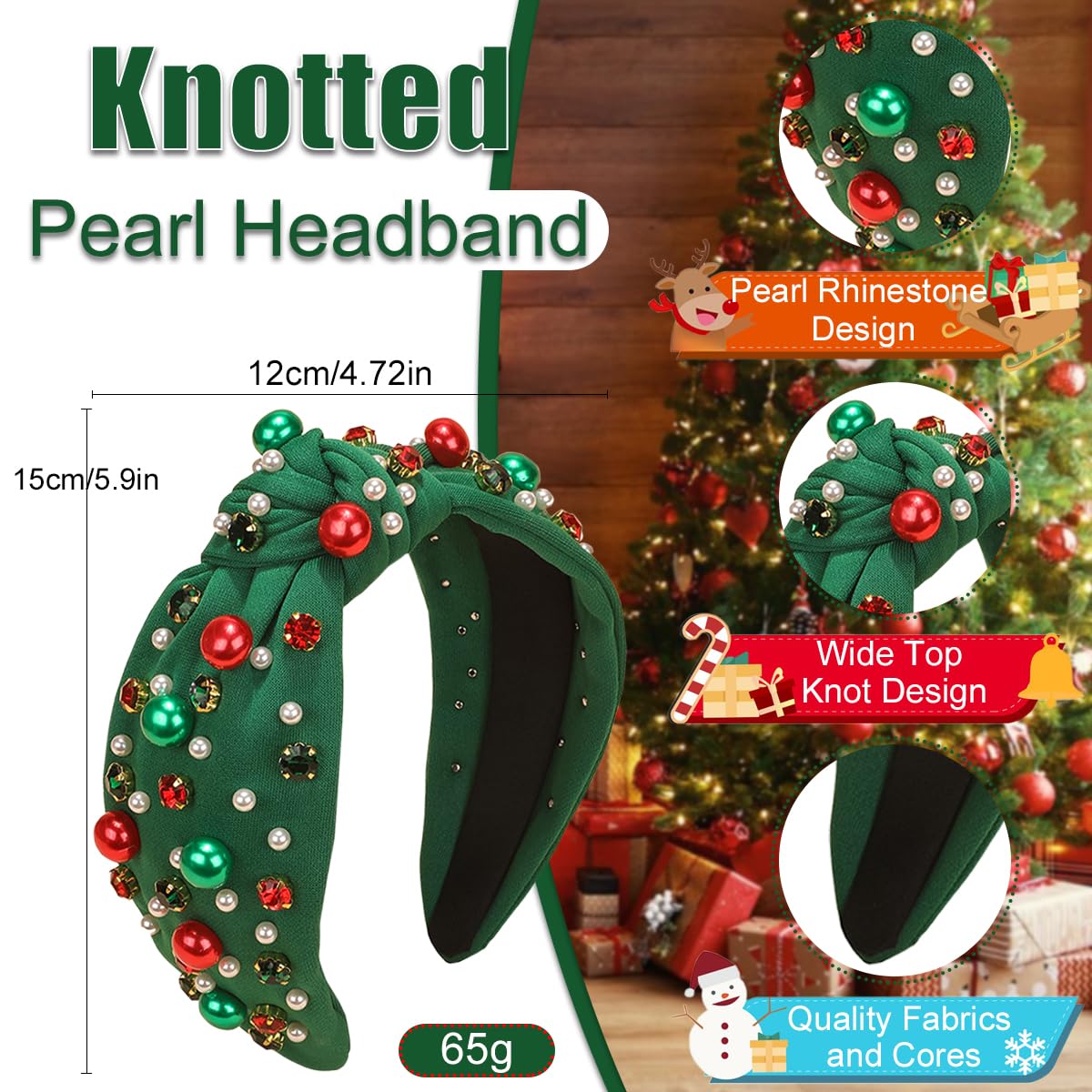 Christmas Headband for Women Pearl Knotted Headband Xmas Red Green Pearl Rhinestone Crystal Jeweled Hairband Fashion Elegant Ladies Wide Top Knot Hair Bands Headpiece Holiday Outfits Gifts (Green)