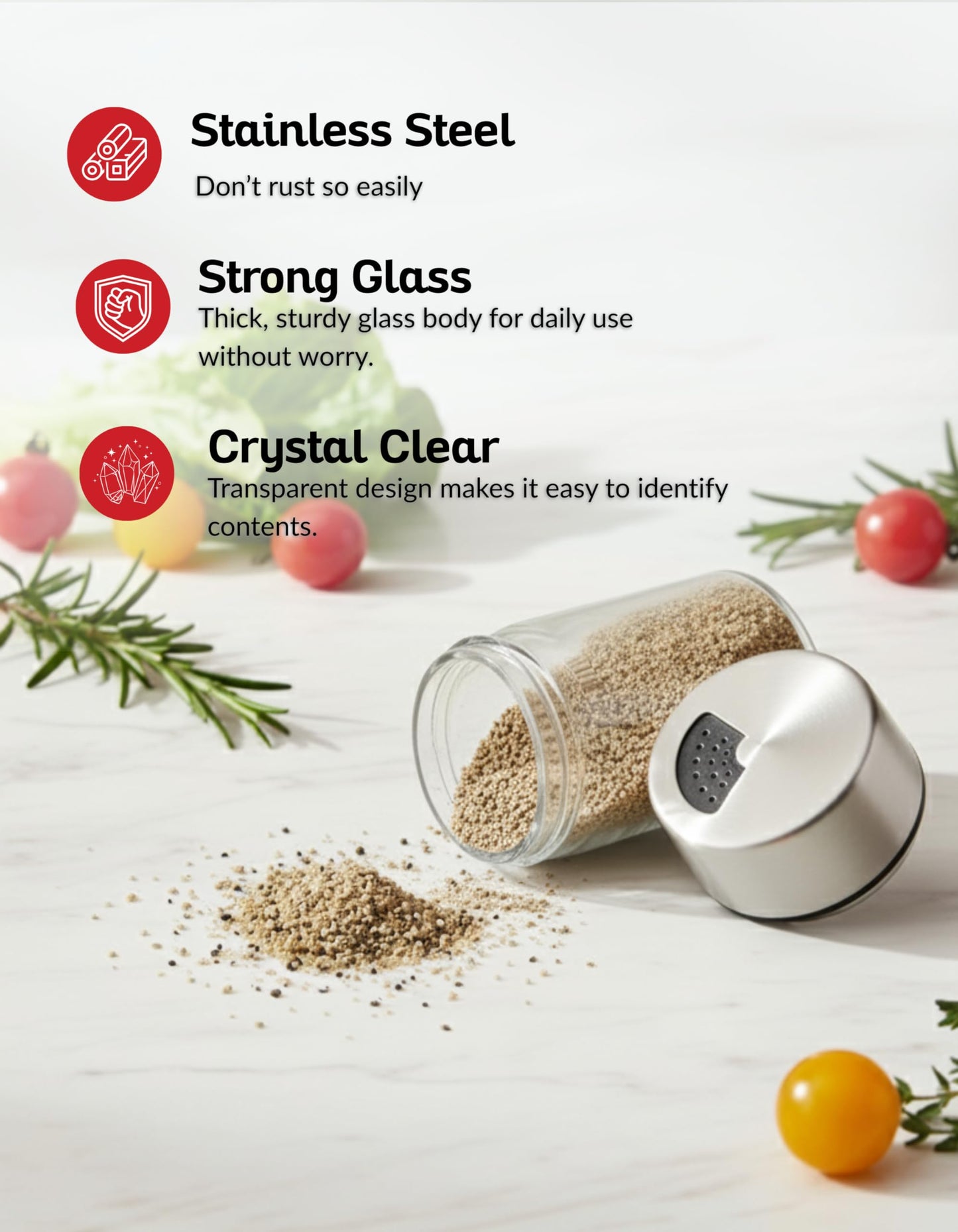 Stainless Steel Salt and Pepper Shaker with Adjustable Sprinkler Lid, Precision-Crafted Glass Salt Dispenser for Kosher Salt, Pepper, Kitchen Spices, Herbs, Coffee, Protein Powder and Baking