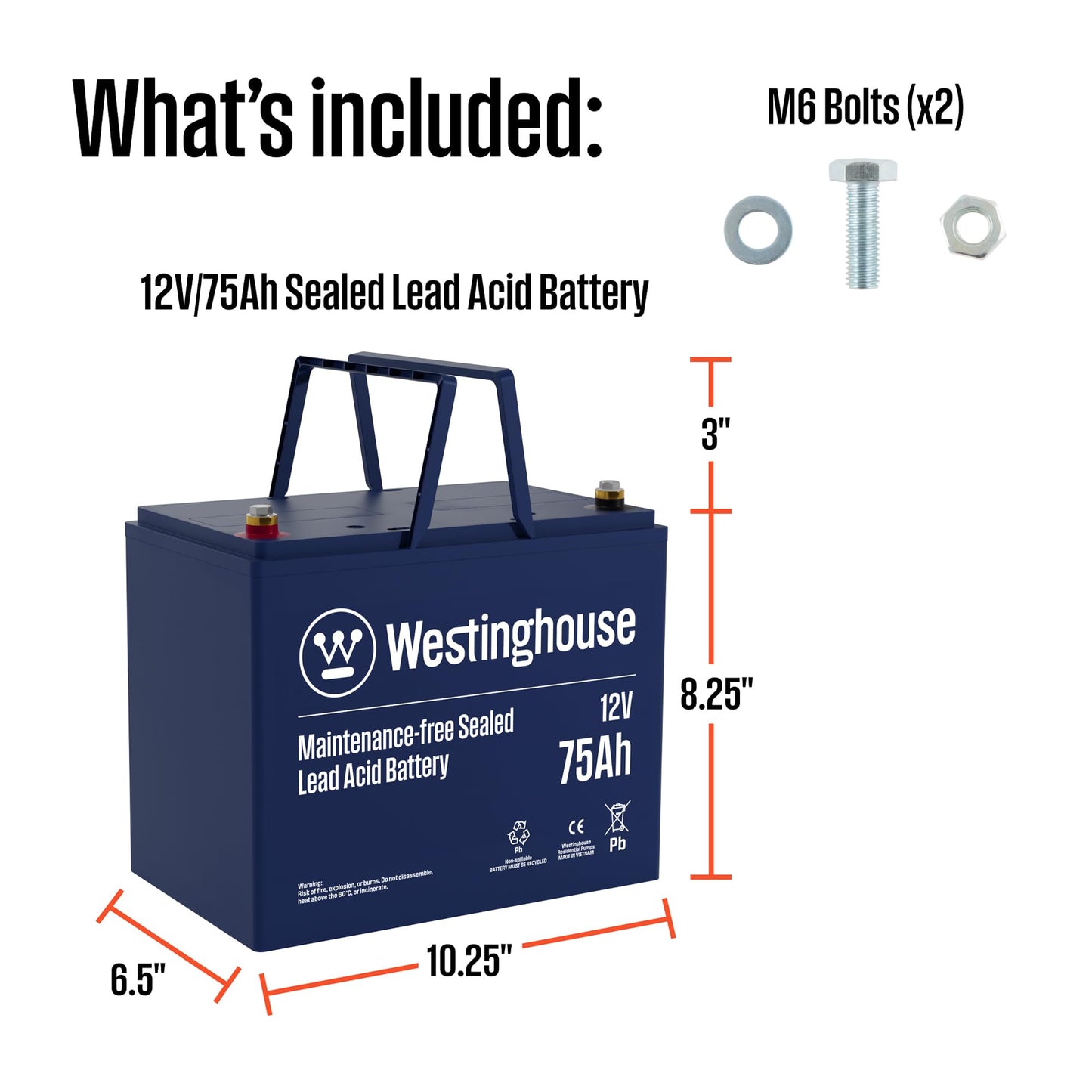 Westinghouse Sump Pump Battery Backup – 12V 75Ah Maintenance-Free AGM Sealed Lead Acid Battery for Basement Sump Pump Backup Systems