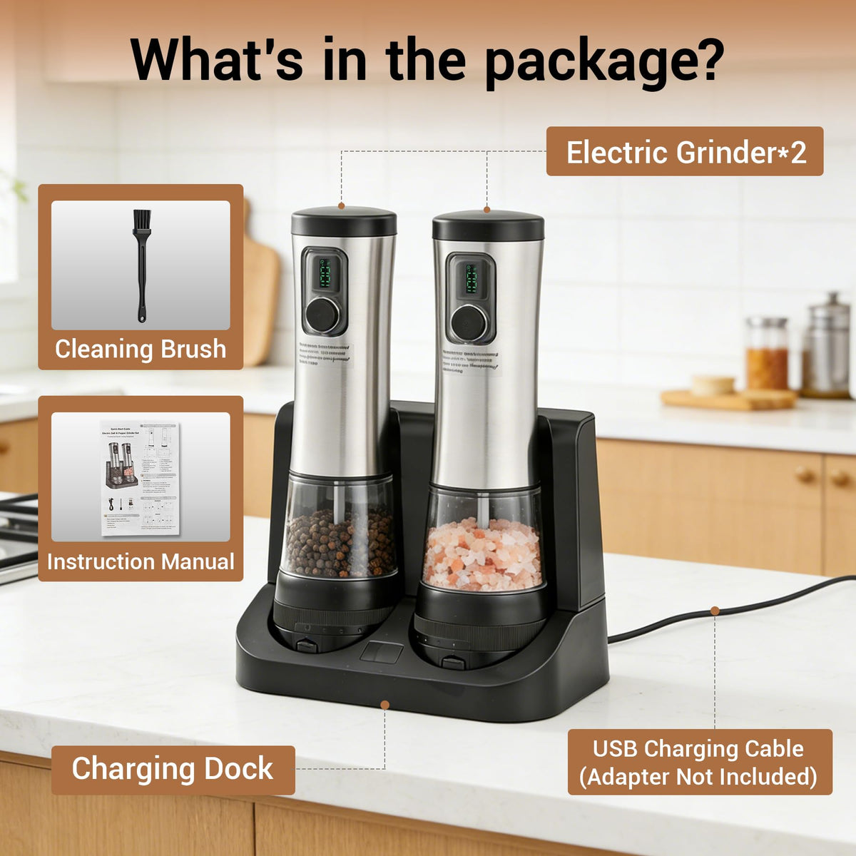 Electric Salt and Pepper Grinder Set with Rechargeable Base,Stainless Steel Automatic Refillable Electric Salt and Pepper Shakers,Large Capacity, 2-Speed Setting, LED & Adjustable Coarseness, Black