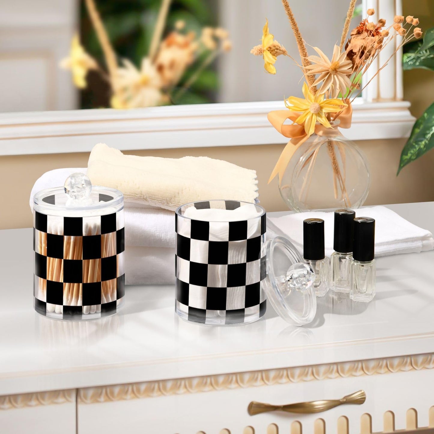 Gravopti Checkerboard 14oz Storage Jars with Lids, Clear Plastic Airtight Kitchen Food Canisters for Candy, Salt, Coffee Beans, 2 Pack