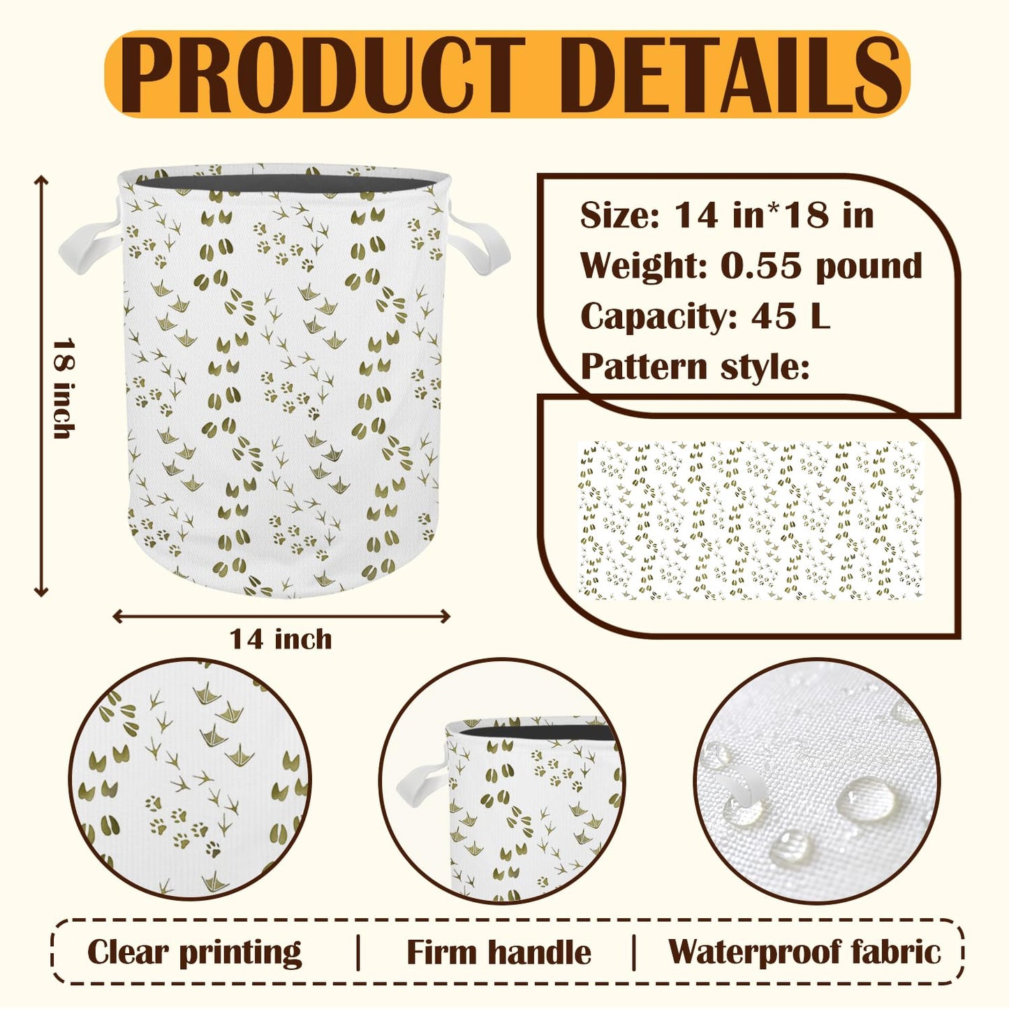 Cilrii Animal Footprints Nursery Laundry Basket, Forest Animal Track Laundry Basket Hamper Waterproof Collapsible Clothes Toys Storage Bin for Bedroom Bathroom Kids Room, Toybox for Boys Girls